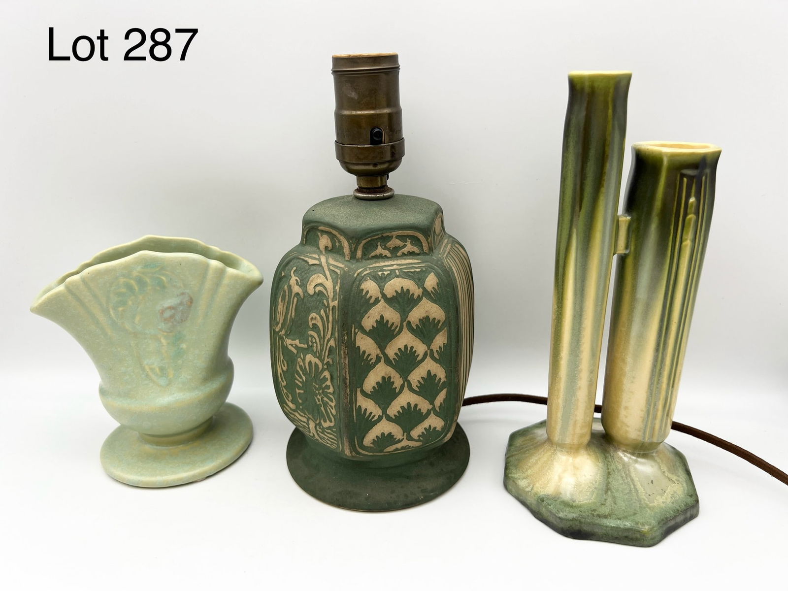 Collection of Roseville Pottery In Green Tones Including Table Lamp (1 of 10)
