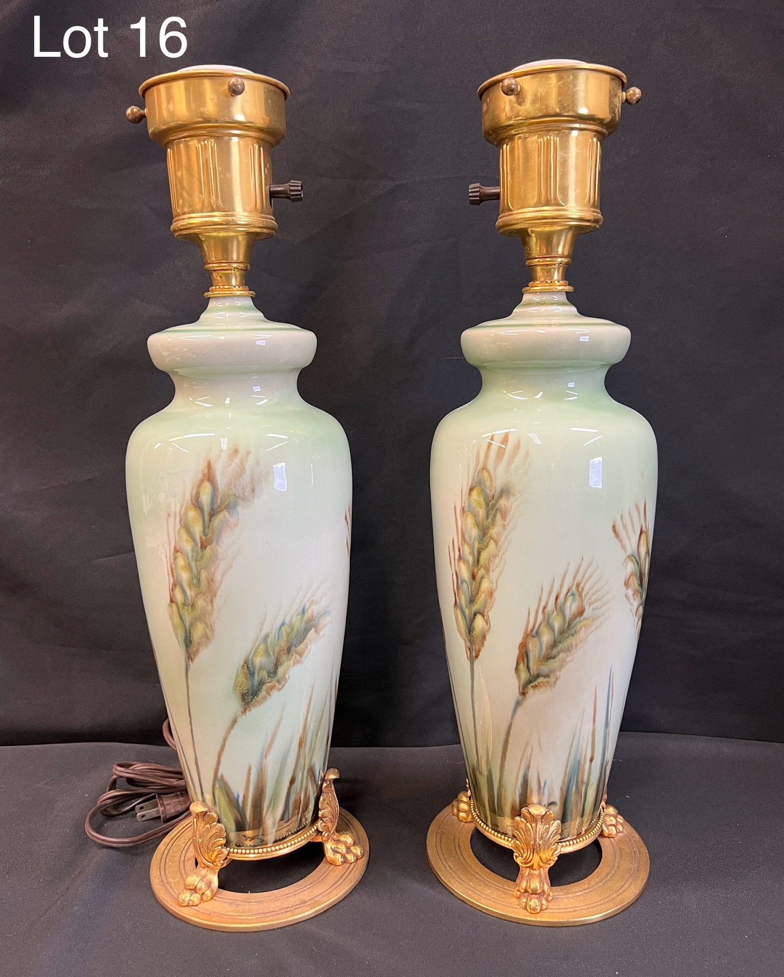 Pair of Mid Century Rookwood Pottery Green Porcelain Lamps With Hand Painted Wheat Stalks (1 of 10)