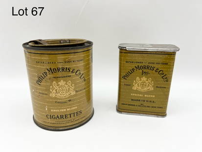 Vintage Philip Morris & Co. Cigarette Tins: Duo of mid century cigarette tins from Philip Morris & Co. Includes a cylinder tin for English Blend cigarettes and a smaller rectangle tin for Special Blend cigarettes marked "Made in USA". Cylinder