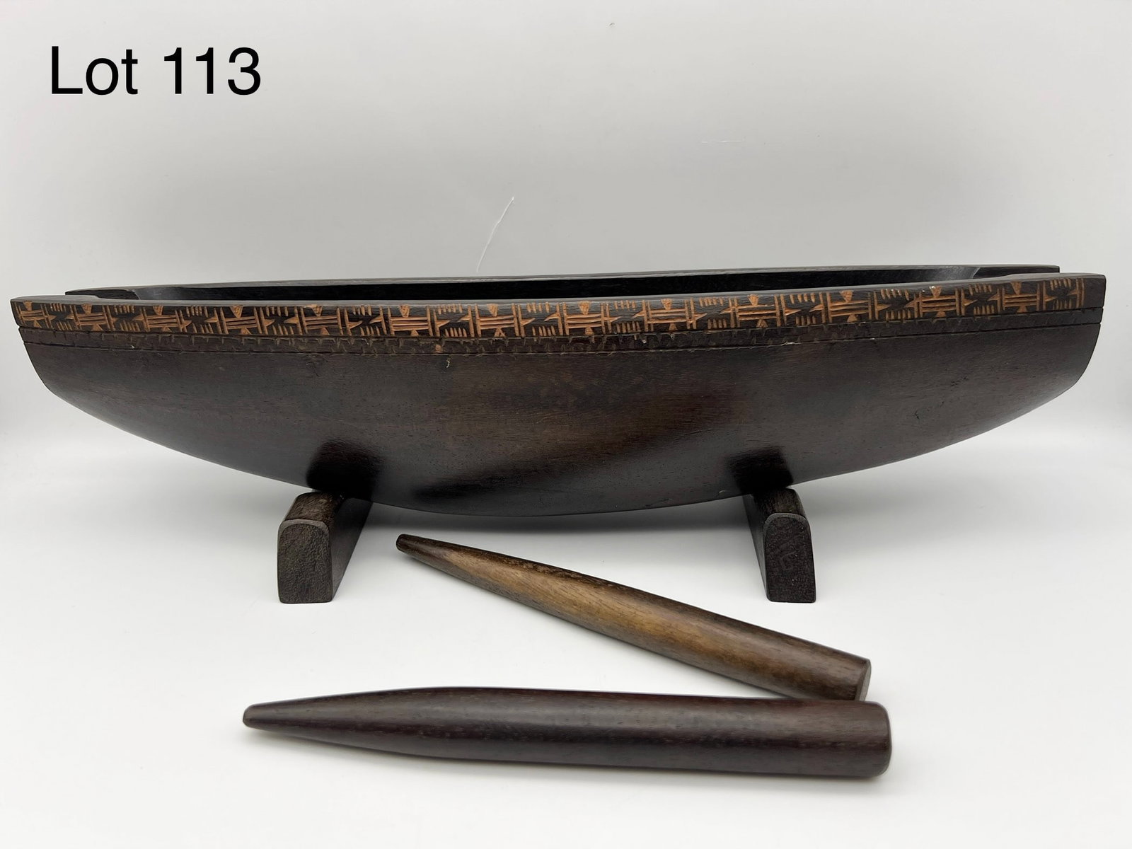 Fijian Carved Wood Drum With Supports and Sticks (1 of 5)