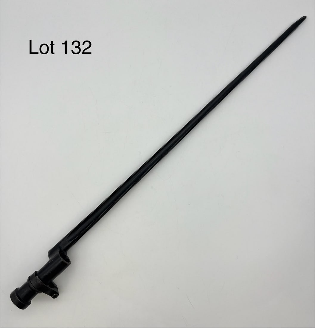 Antique M1891 Mosin-Nagant Bayonet: An antique Russian M1891 Mosin-Nagant rifle bayonet, early model with lock and ring. Makers mark at base of X-shaped blade, serial #209664. Measures 20" long. *note - patina