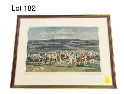 Framed Equestrian Print Titled "In The Saddling Paddock, Cheltenham March Meeting" by Sir Alfred: A framed lithographic print by British artist Sir Alfred Munnings (1878-1959) titled "In the Saddling Paddock, Cheltenham March Meeting". Artist's signature, title, and additional information in the b