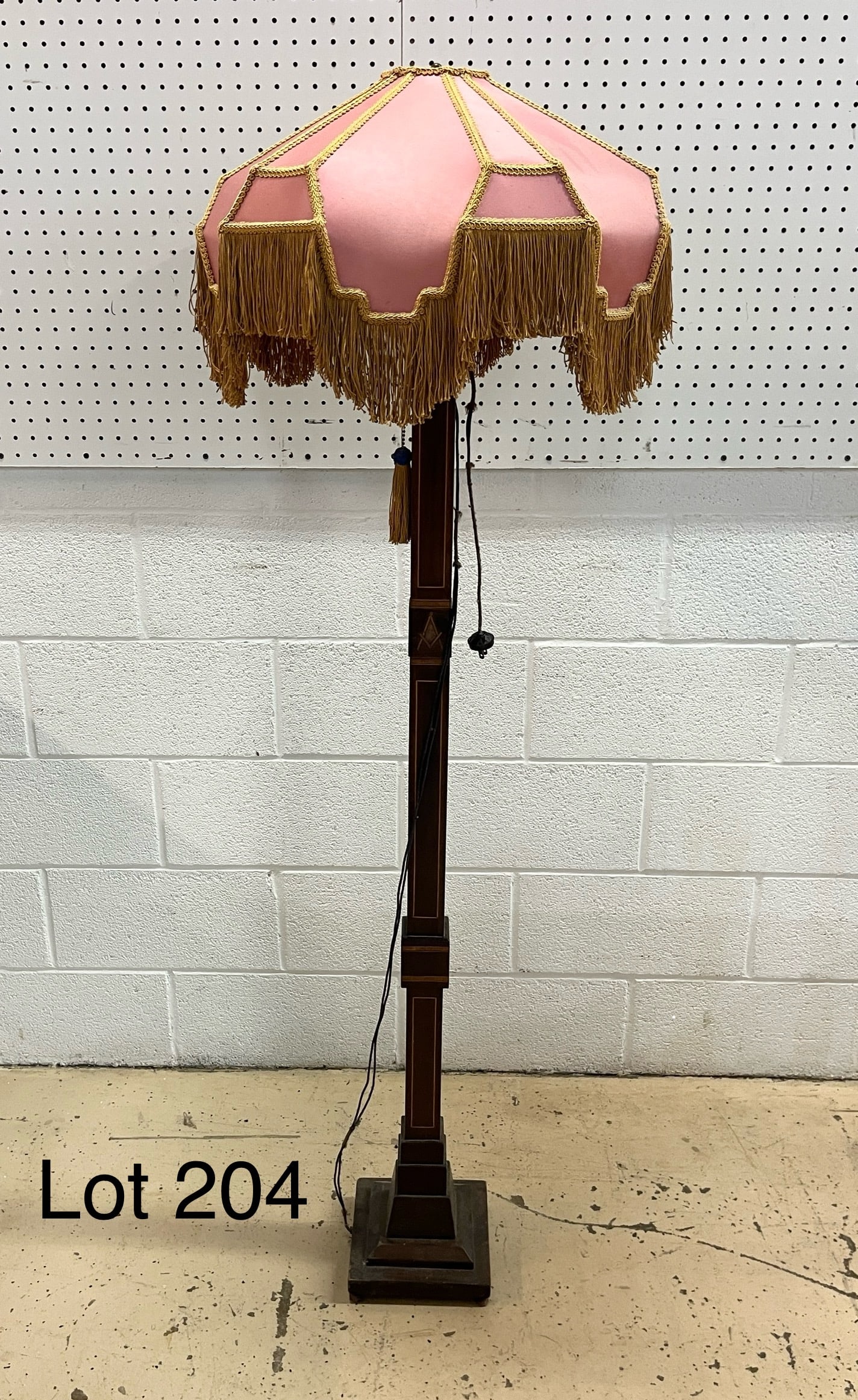 Art Deco Inlaid Cherry Masonic Lamp: A 1920s/30s art deco style Masonic lamp, linework and masonic symbols inlaid in cherry wood. Pink Victorian shade, functions well. Measures 62 1/2" tall **PICK UP ONLY** one symbol is missing, the oth