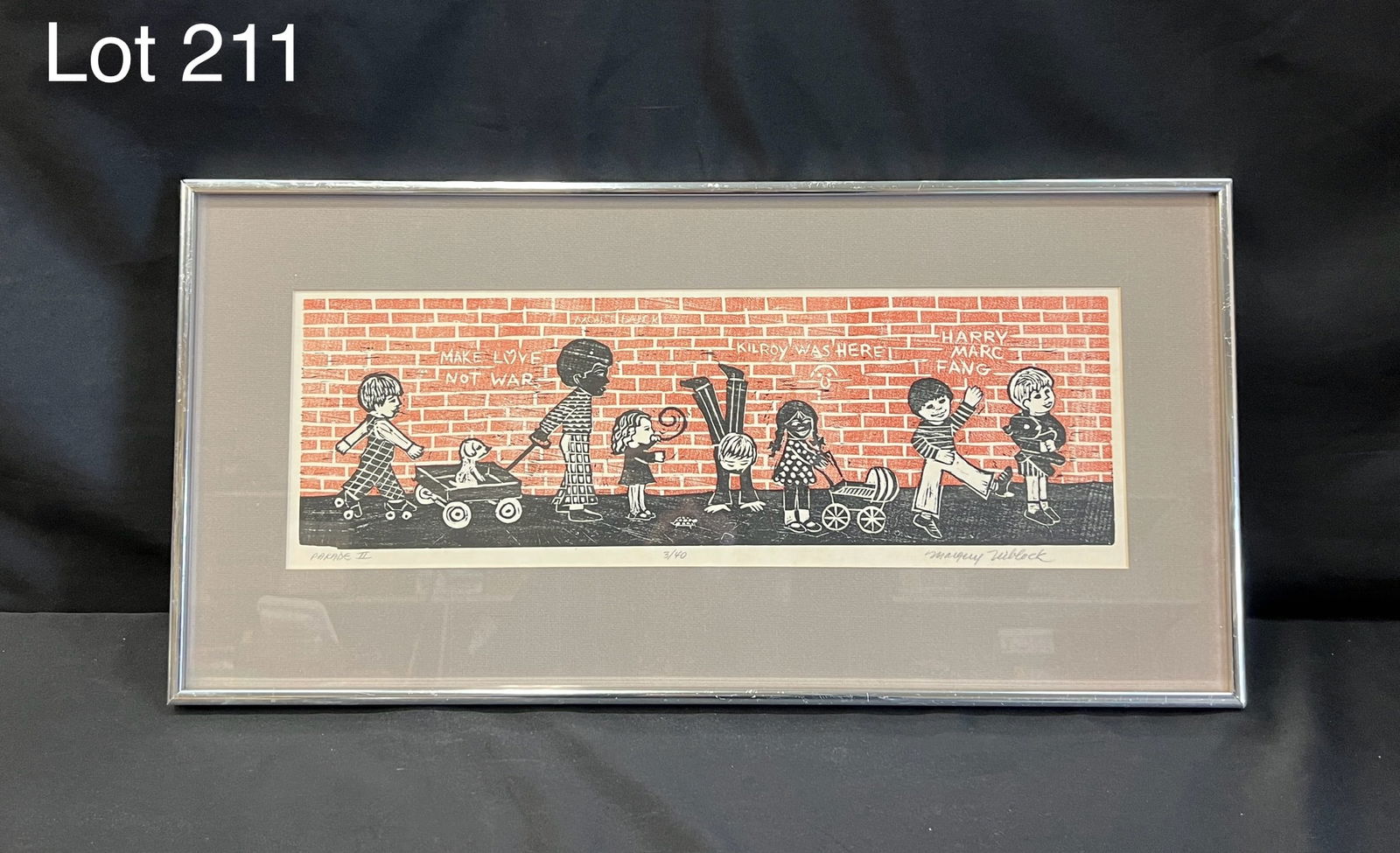 Signed Margery Niblock (B. 1937) Woodcut Print "Parade II": Margery Niblock (B. 1937) wood cut print "Parade II". Signed by artist in pencil on lower right. Numbered 3/40. 24 3/4" x 12", 19 1/2" x 6 1/2" site. *notes- scratches on frame.