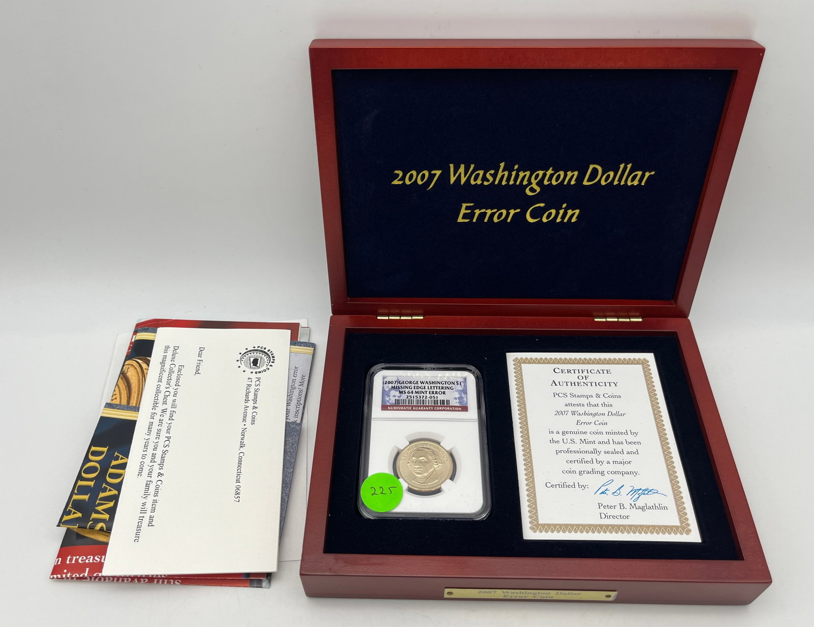 2007 Washington Dollar, missing edge lettering with box NGC MS 64: 2007 Washington Dollar, missing edge lettering with box NGC MS 64