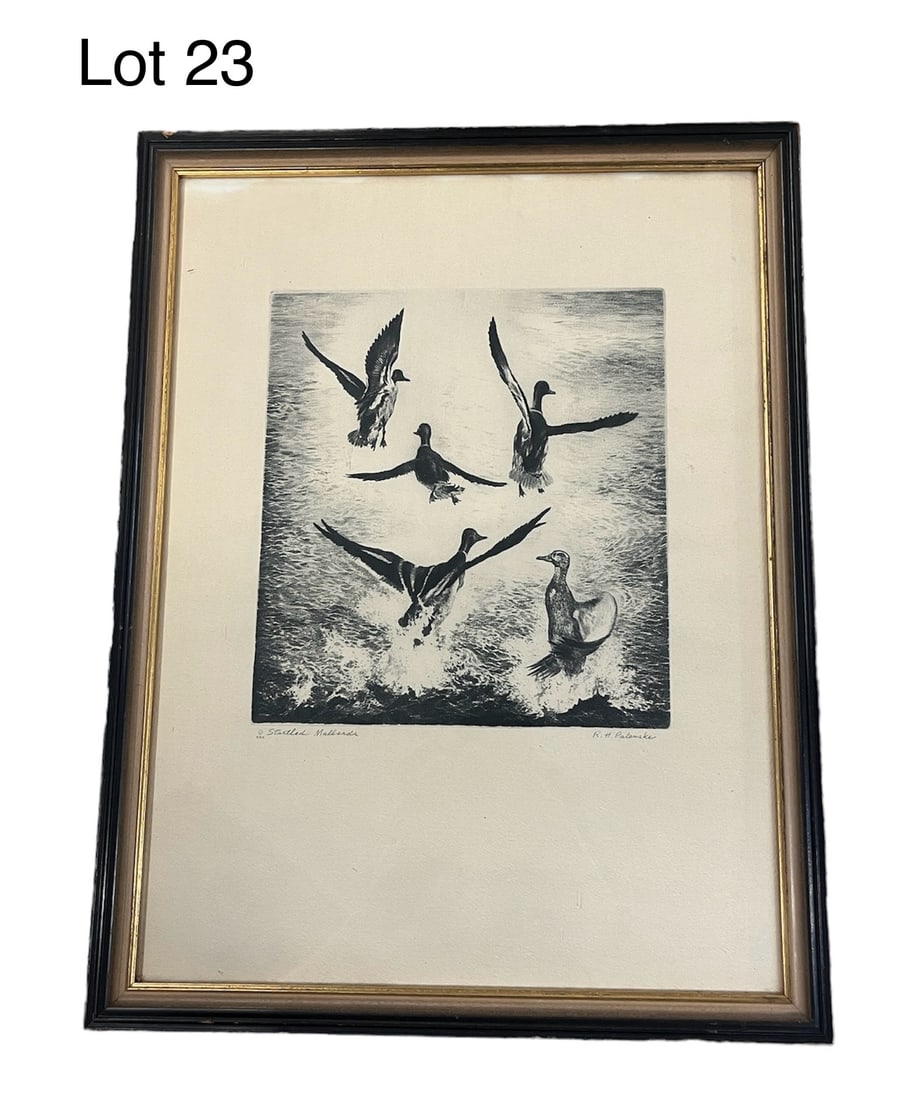 Startled Mallards Etching by R. H. Palenske (1884-1954): A drypoint etching titled "Startled Mallards" by American artist R. H. Palenske (1884-1954). Titled at the bottom left, signed at bottom right. Measures 13" x 17", 7 3/4" x 8 3/4" site
