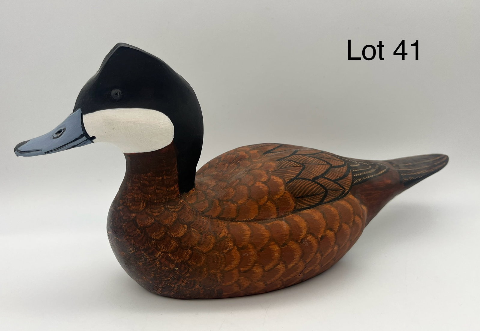 Upper Bay Ruddy Duck Drake Decoy by Richard & Barbara Clark: An Upper Bay hand painted wooden ruddy duck drake decoy, hand painted and signed by Richard & Barbara Clark. Limited Edition #1, dated 10/20/91, measures 12" long.