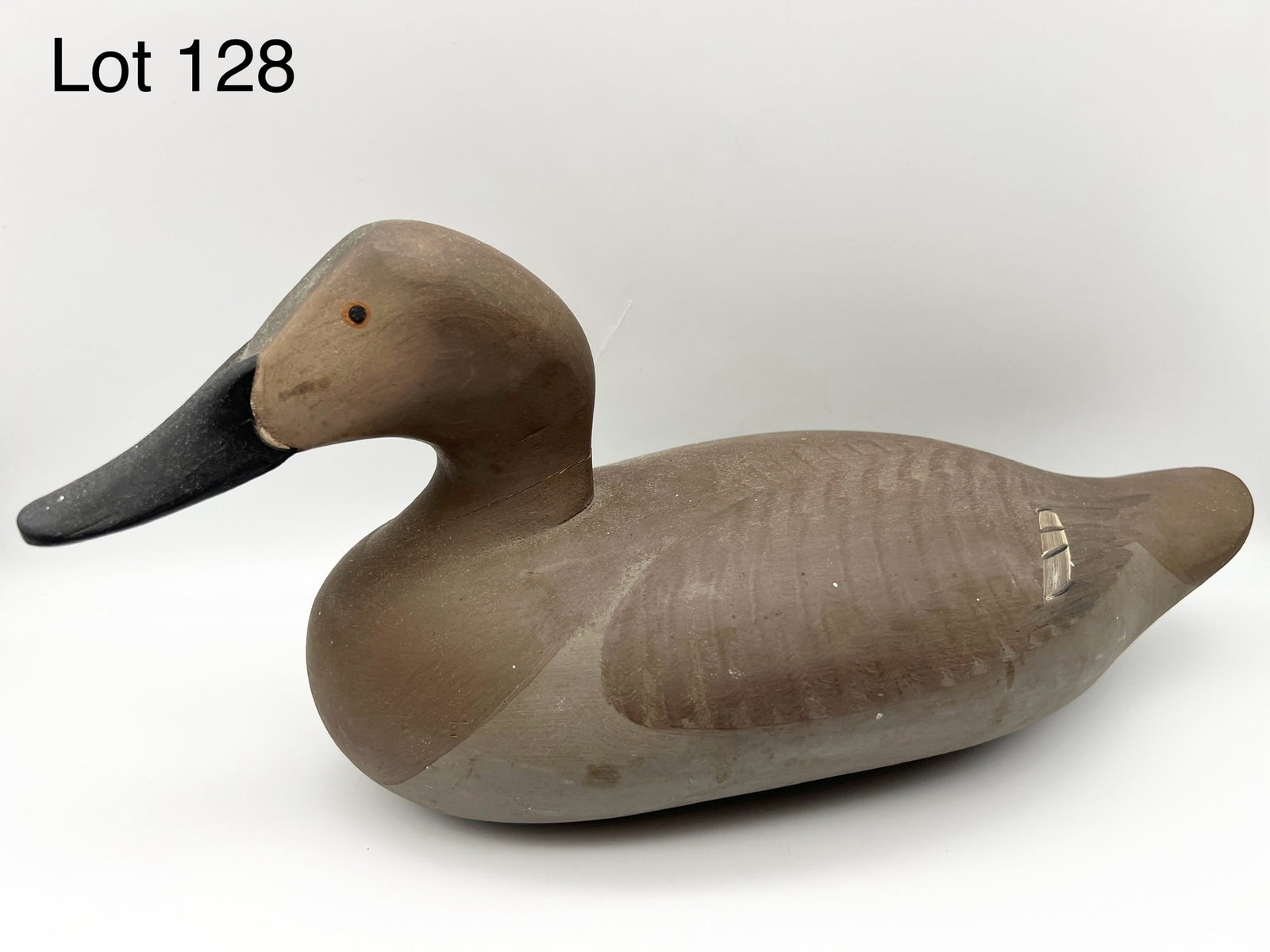 Canvasback Hen Decoy: A Canvasback hen decoy with painted eyes and flat bottom. Measures 16" long. *notes- minor wear