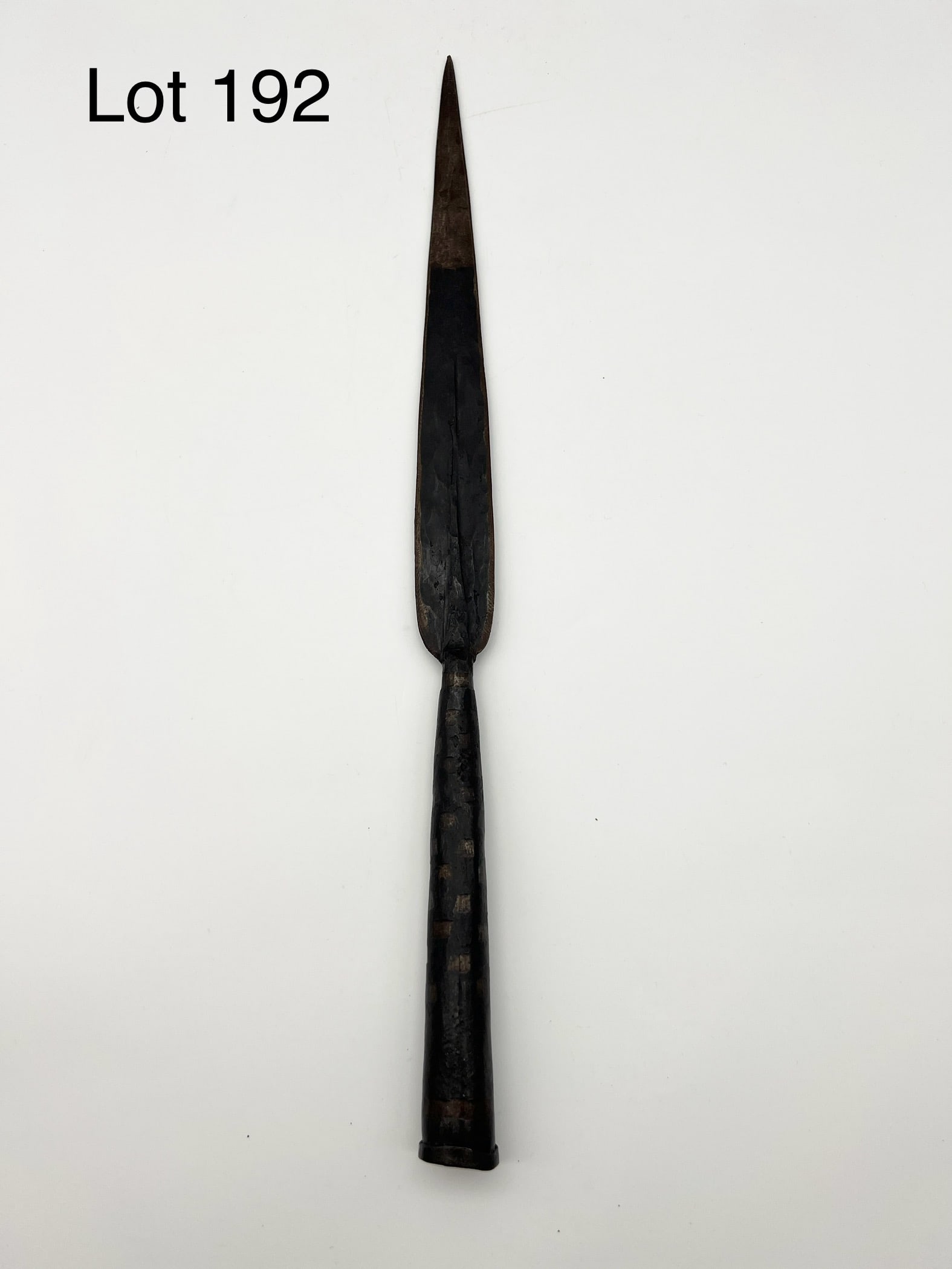 African Masai Spear Tip: An African Masai spear tip. 16" long. *notes- patina