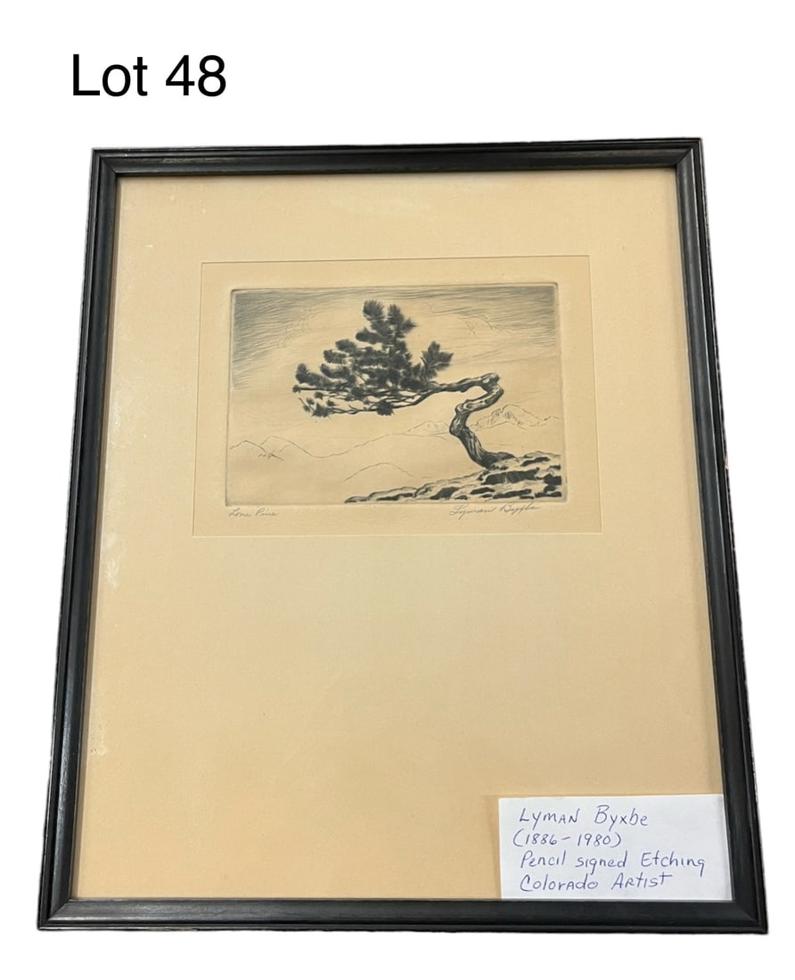 "Lone Pine" Etching by Lyman Byxbe (1886-1980): A vintage etching titled "Lone Pine" by American artist Lyman Byxbe (1886-1980), titled and signed in pencil at the bottom margin. Piece measures 9 1/4" x 11 1/4", 4 3/4" x 3 1/4" site.