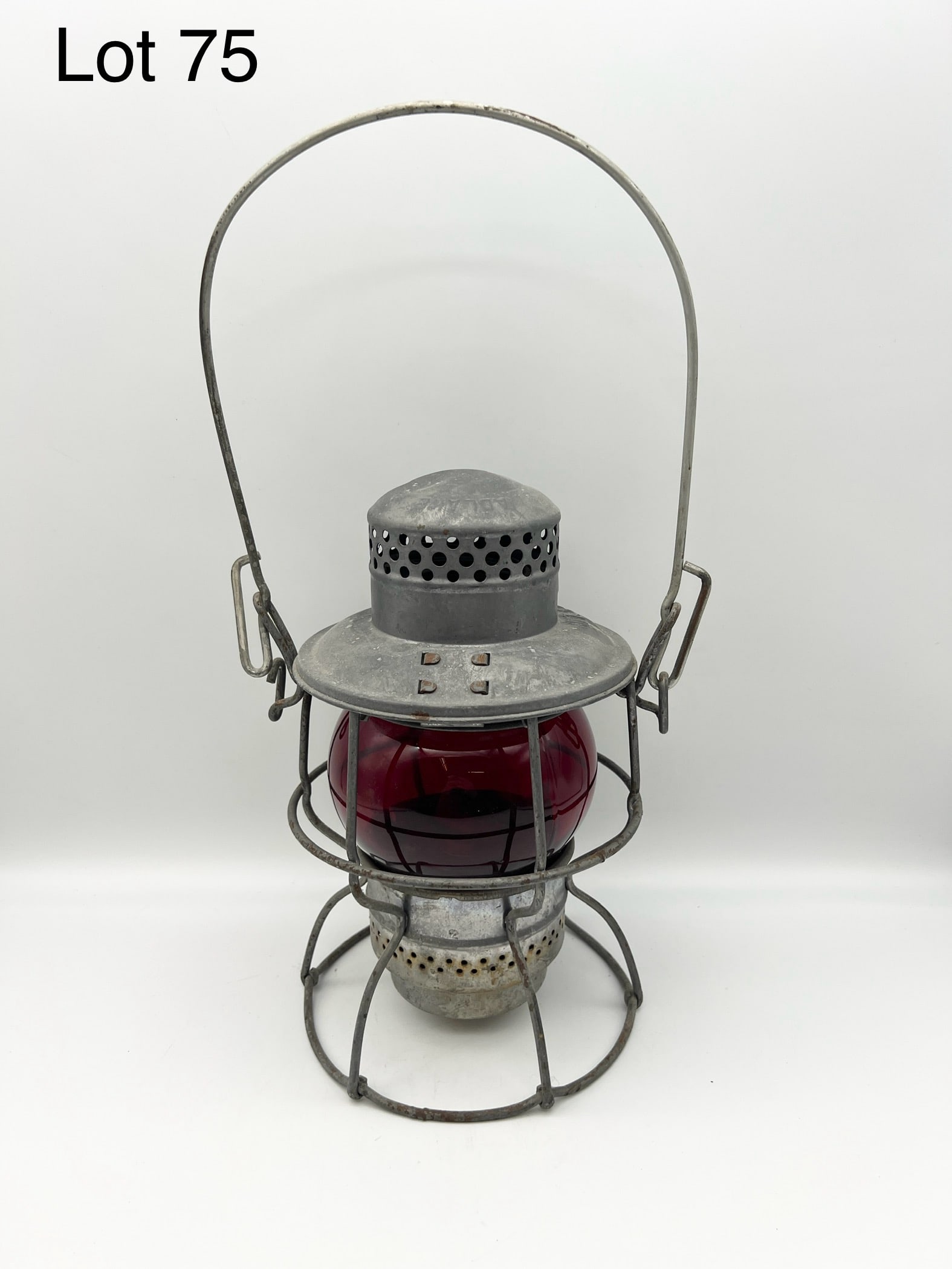 Mid Century Adlake Kerosene Railroad Lantern: Vintage Adlake Kerosene railroad lantern with red globe. 14 1/2" tall including handle. *notes- untested, patina
