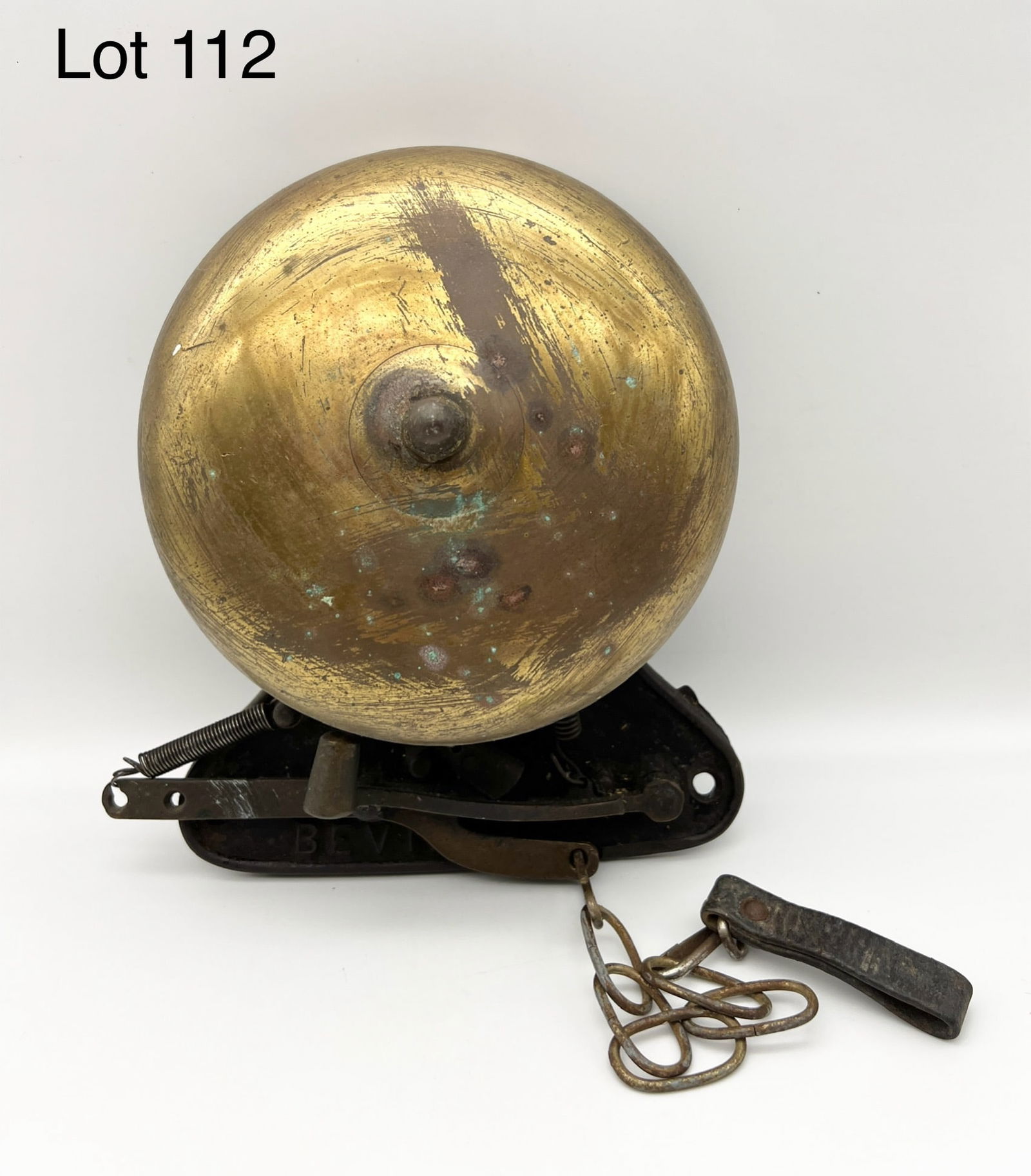 Antique Bevin Boxing Ring Bell: An early 20th century brass and cast iron boxing ring bell marked "Bevin". Measures 9" x 9". *notes- patina.
