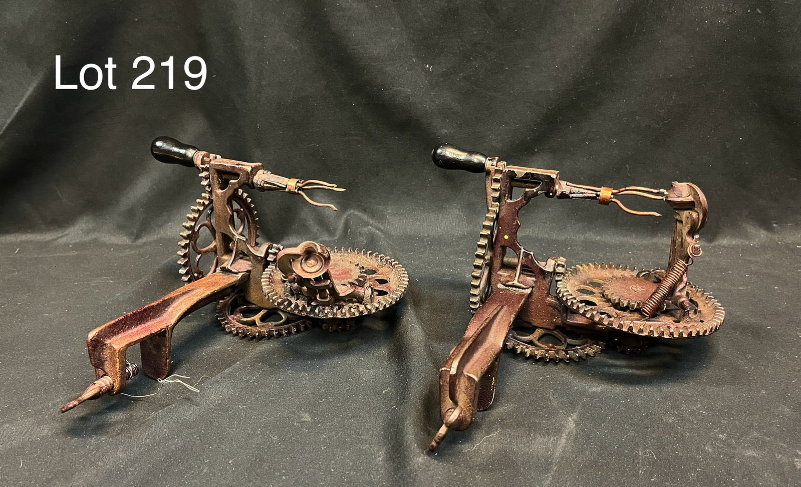 Lot of Antique Cast Iron Apple Parers: A lot of two antique cast iron apple/peach parers in excellent condition, both functioning well with few signs of use. Marked from the Sinclair Scott Co. of Baltimore, MD. Circa 1886. Measures 9" x 9"
