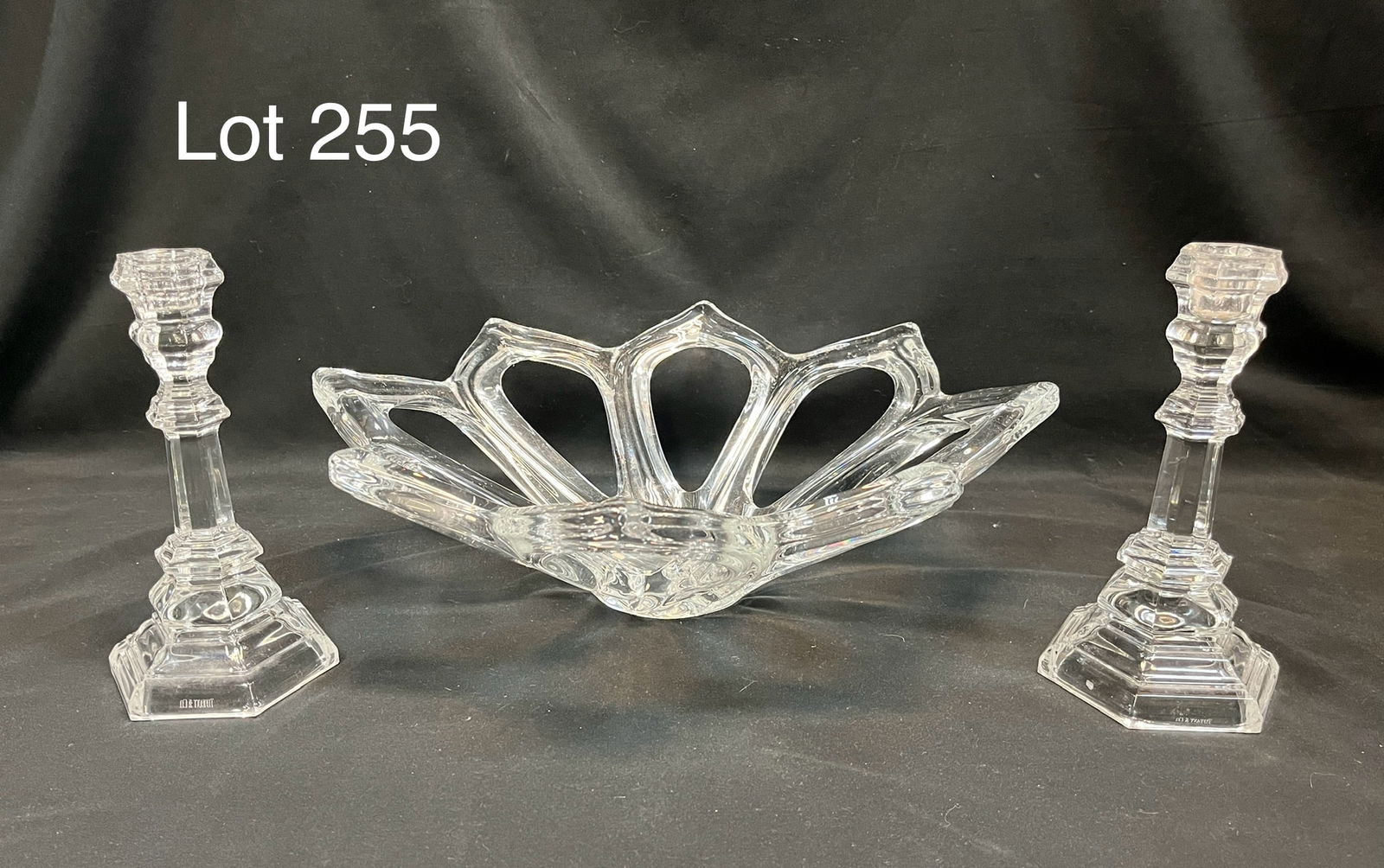 Lot of Fine Crystal Glassware and Decor: A lot of fine vintage crystal glassware. Includes a French Art Vannes floral open form fruit bowl and a pair of Tiffany & Co. Plymouth glass candlesticks. Makers marks noted at base. Fruit bowl measur