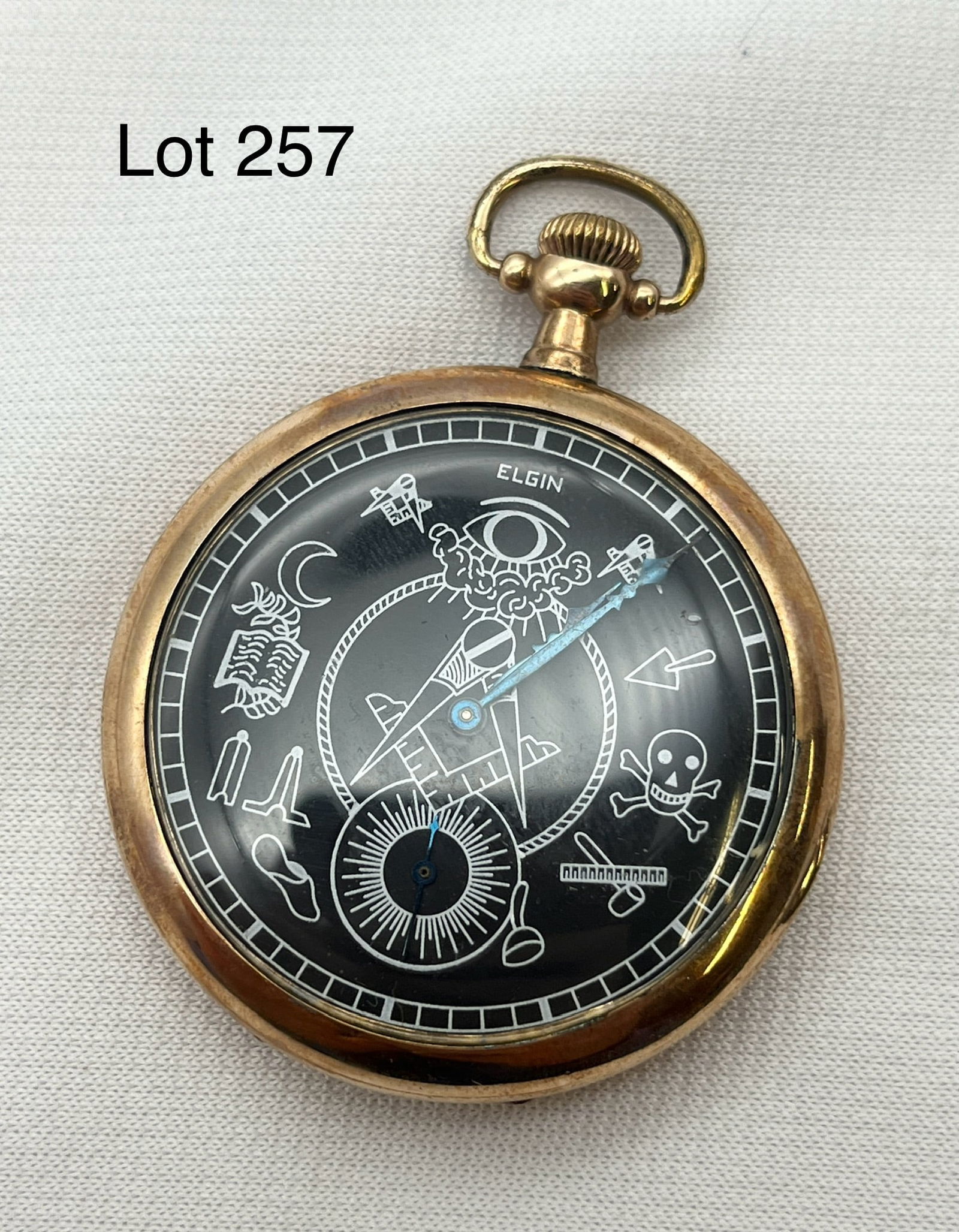 Antique Elgin Masonic Black Dial Pocket Watch: An antique Elgin open-face Masonic pocket watch with unique symbolic black dial. Engraved interior reads" From Father & Mother - June 26th, 1924. Serial #23678184.