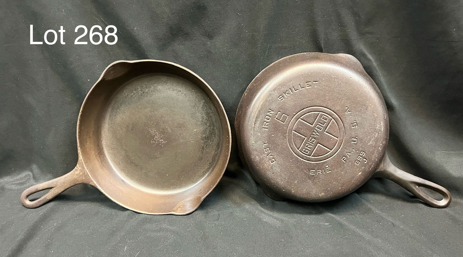 Pair of Griswold No. 6 Cast Iron Skillets: Two vintage No. 6 cast iron skillets by Griswold. Both marked Erie, PA, numbered #699 M and J. Each measures 9 3/4" x 13 3/4" *note - patina, varyings states of condition