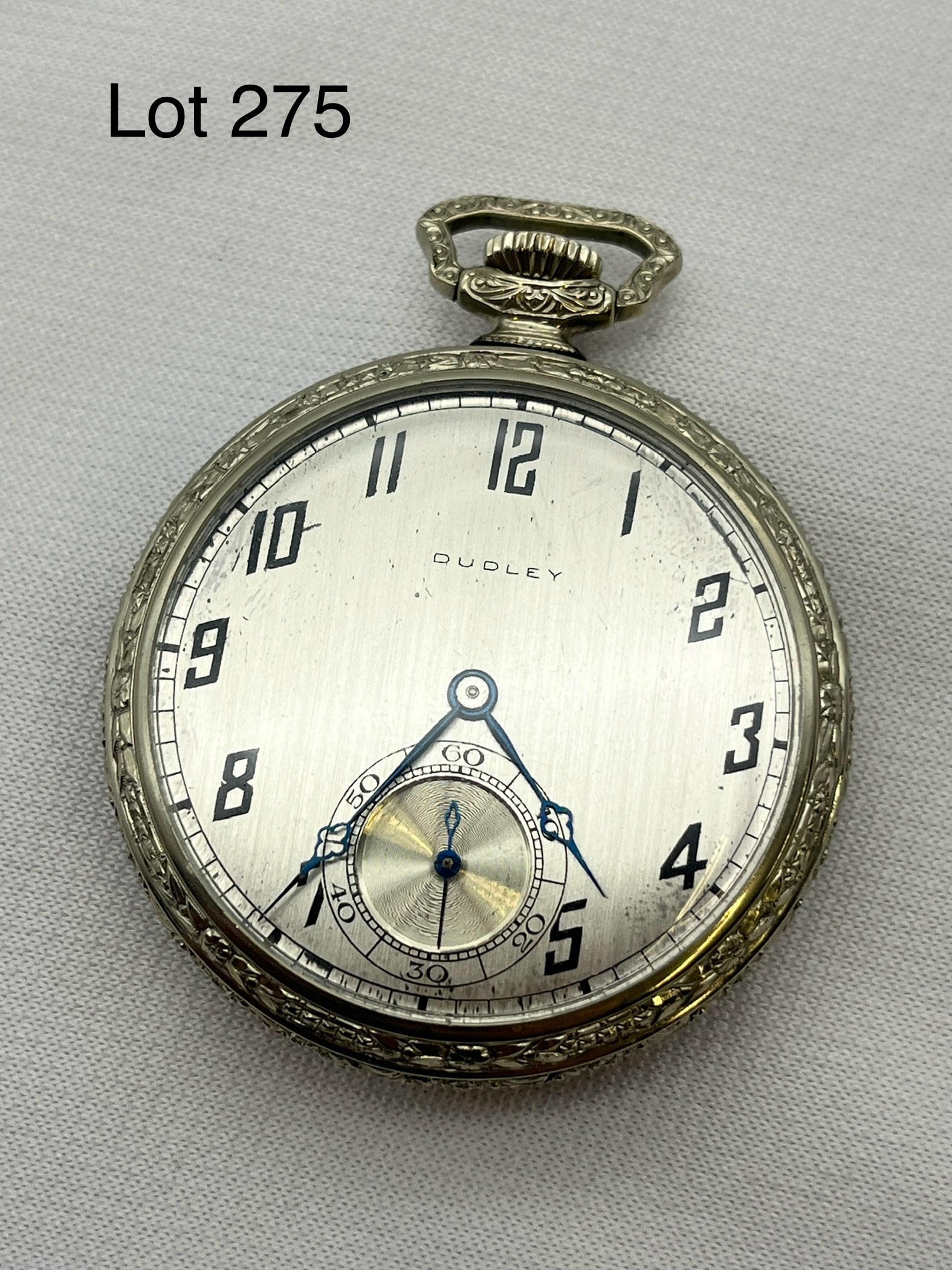 Dudley Masonic Model 1 Pocket Watch, 10k White Gold: A rare Dudley Masonic Model 1 open-face 10k white gold pocket watch with glass back, engraved floral rim. Silver face, Arabic numerals, second hand, nineteen jewels. Works well. Circa 1920-25, serial