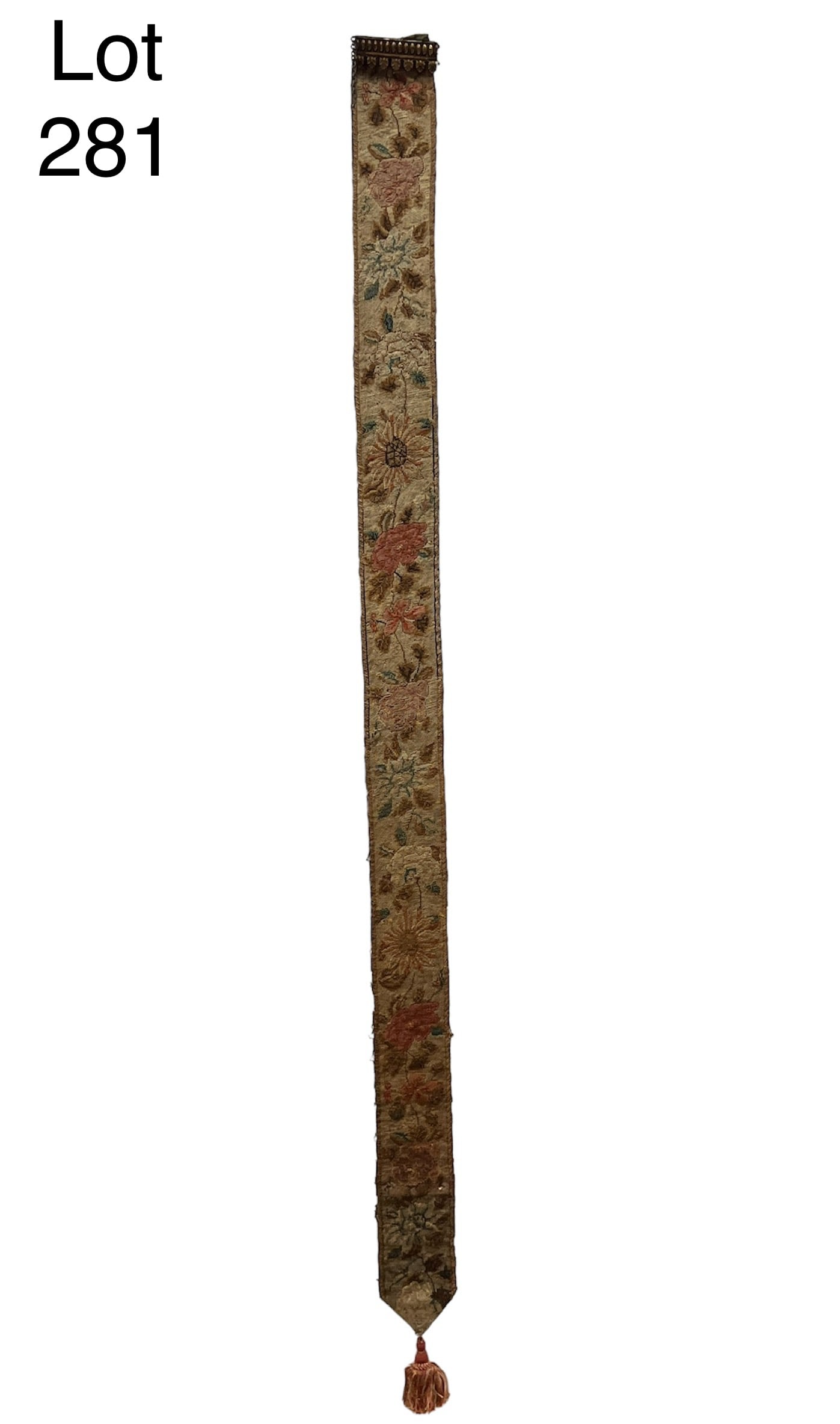 Vintage Butler Pull: A vintage floral embroidered butler pull with tassel end and ornamental metal top. 89" x 5 1/4". *notes- some loose stitches, minor wear