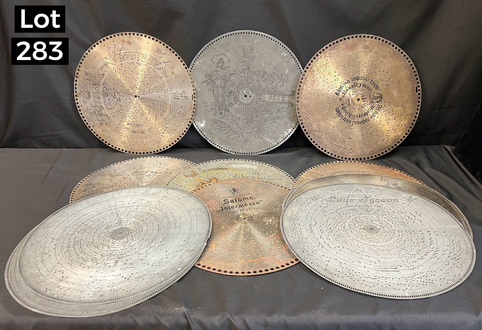 Collection of Antique Music Box Discs For Regina, Polyphon, Mira, Stella: Great selection of late 19th century music box discs. Includes 5 15 1/2" discs for Regina and Polyphon boxes, 2 15 1/2" discs for Mira and Stella boxes and 8 17" discs for Stella boxes. *notes- patina