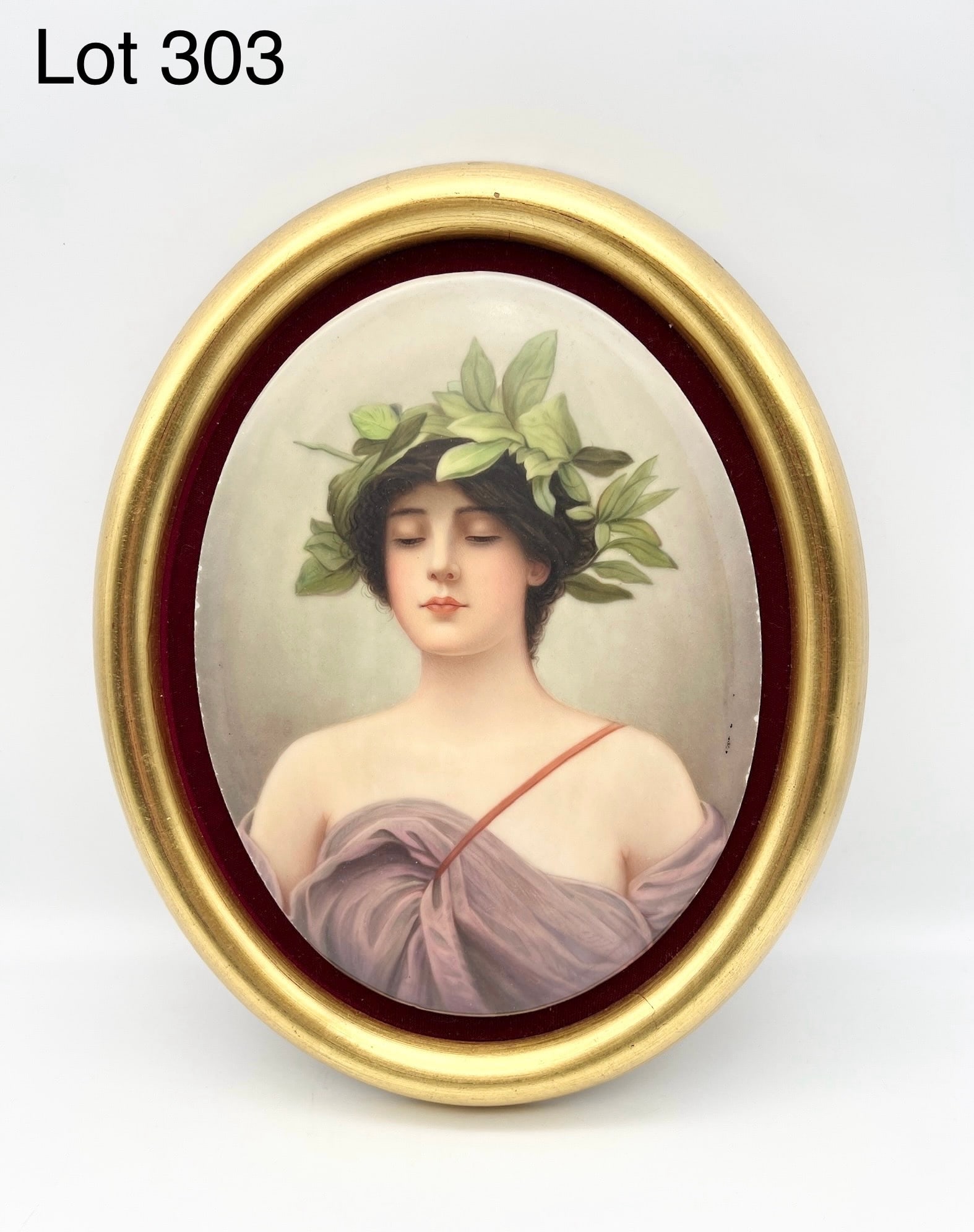 Antique KPM Hand Painted Porcelain Plaque: Late 19th - Early 20th c KPM hand painted oval porcelain plaque of "Daphne". In gold tone frame. Measurements 11 1/4" x 9 1/4".