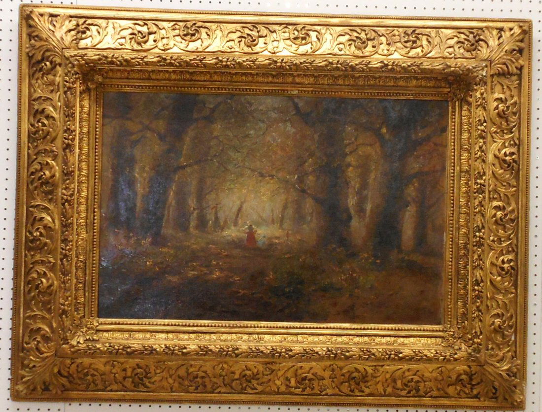 French Impressionist Oil on Canvas: PICK UP ONLY ! CAN NOT BE SHIPPED ! 23" X 34" in a 40" X 52" huge gilt frame, Art Nouveau, signed (?) and dated 1900, landscape scene with two little girls on a wooded path, frame has some loss, label