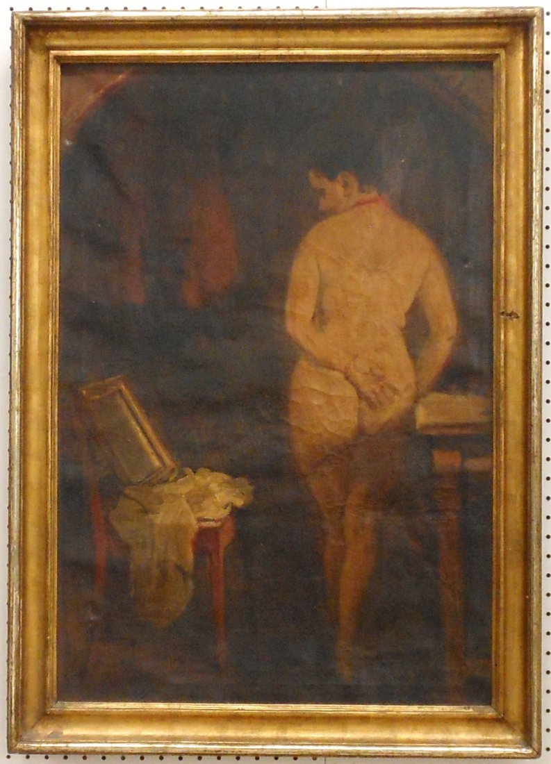 Oil on Canvas 'Nude Reading': 23" X 33" in a 27" X 38" wood frame with scuffs, scrapes and gouges, signed?, paper label from Thomas Cornell Galleries 'Nude Standing', good condition with scuffs, dimples, a hole, and repairs. NO IN