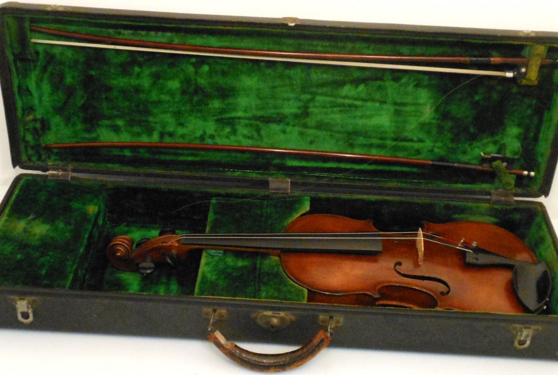 Antique German Violin with Bows and Case: 23 1/8" long X 8" wide, full sized, unmarked but believed to be German from the Vogtland Region, sound post in place, A. Kurt Seidel & Sons bridge, missing two strings, overall great condition with a 