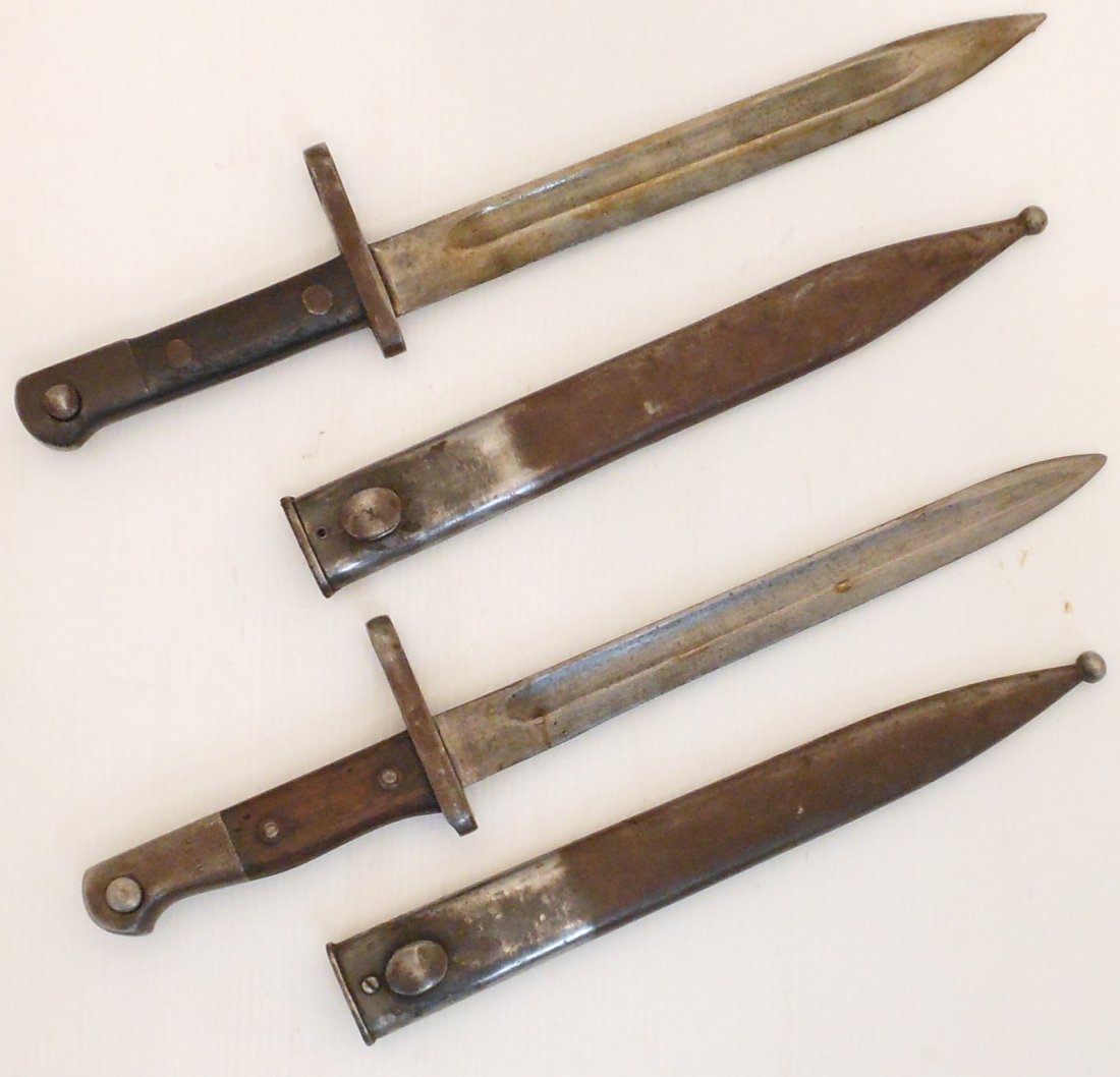 Pair of WWI Turkish Model 1937 Bayonets Scabbards: 4 5/8" total with 9 5/8" blades, Early Turkish Model Mauser bayonet "shortened" to become more "knife-like" with scabbards, , walnut grips, steel pommel and guard. AS.FA (Turkish Military Arms Factory