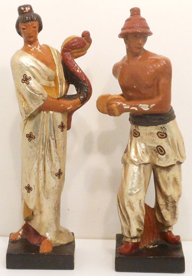 Pair of Frederick Cooper Studios KUPUR Statues: 17" tall X 4' wide, a Asian man and woman statues marked KUPUR, circa 1930's, made by Frederick Cooper or from his studio. Heavy porcelain? Statues richly painted, great condition with some paint loss