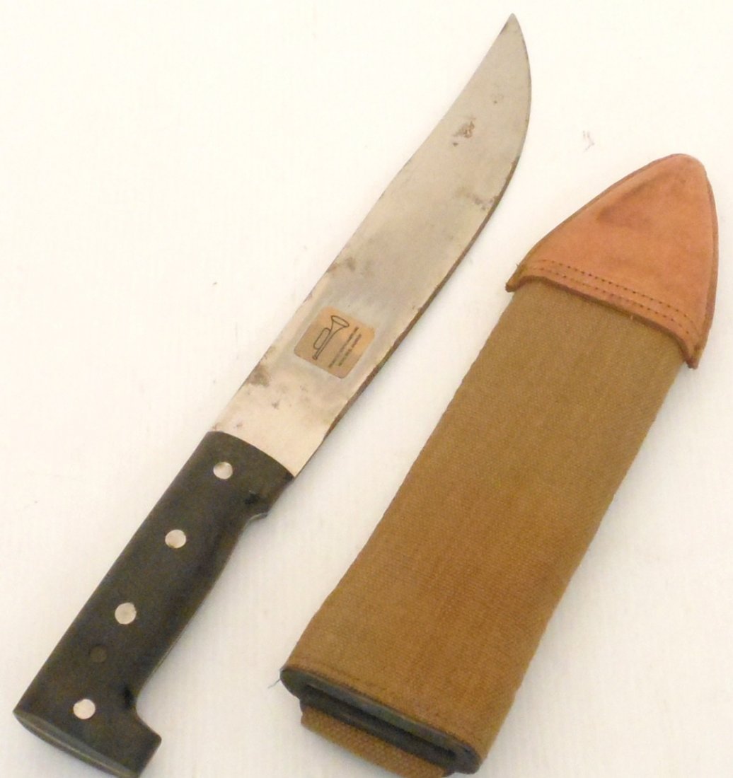 Corneta Imacasa Knife/Machete w/ Bolo Scabbard: 15" total with a 10" blade, Corneta Imacasa Knife/Machete made in El Salvador per the paper label. US Army WWI Model 1910 bolo knife scabbard dated 1918 and made by Brauer Bros, this heavy duty scabba