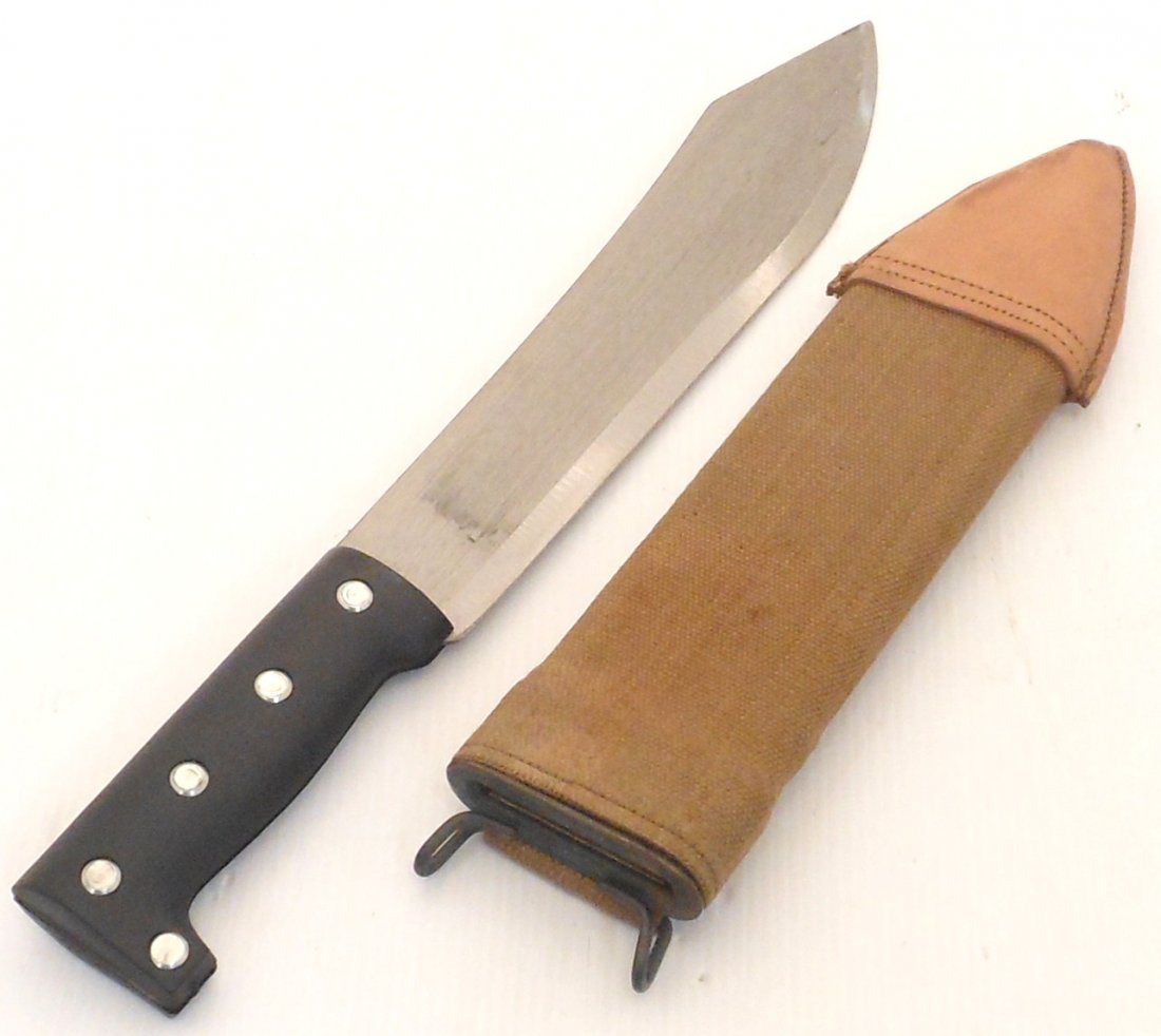Knife / Machete with Bolo Scabbard: 15" total with a 10 3/8" X 2" blade, marked made in Japan. Knife Is in like new condition. US Army WWI Model 1910 bolo knife scabbard dated 1918 and made by Brauer Bros, this heavy duty scabbard has a
