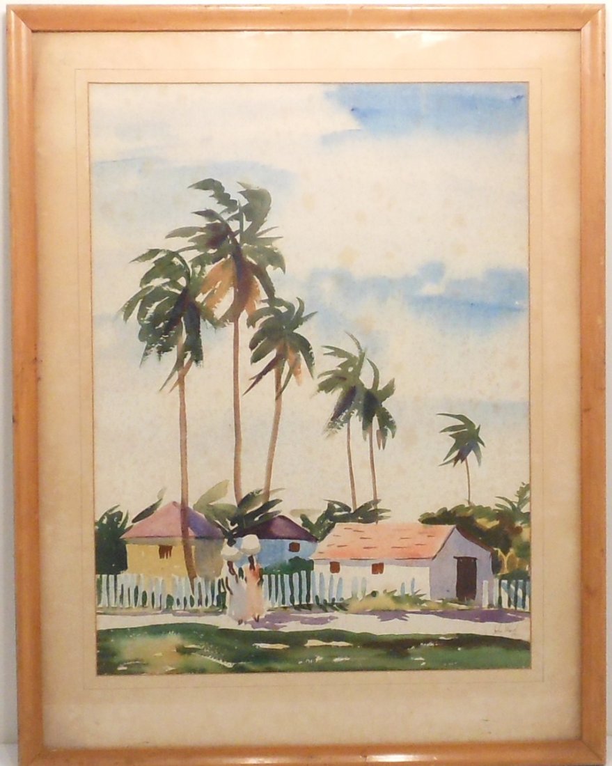 John Ward Watercolor on Paper 'Palm Trees': 18" X 24" matted in a 24 1/2" x 37 1/2" frame, Watercolor of Bahamas signed John Ward, circa WWII period, Good condition with heavy foxing.