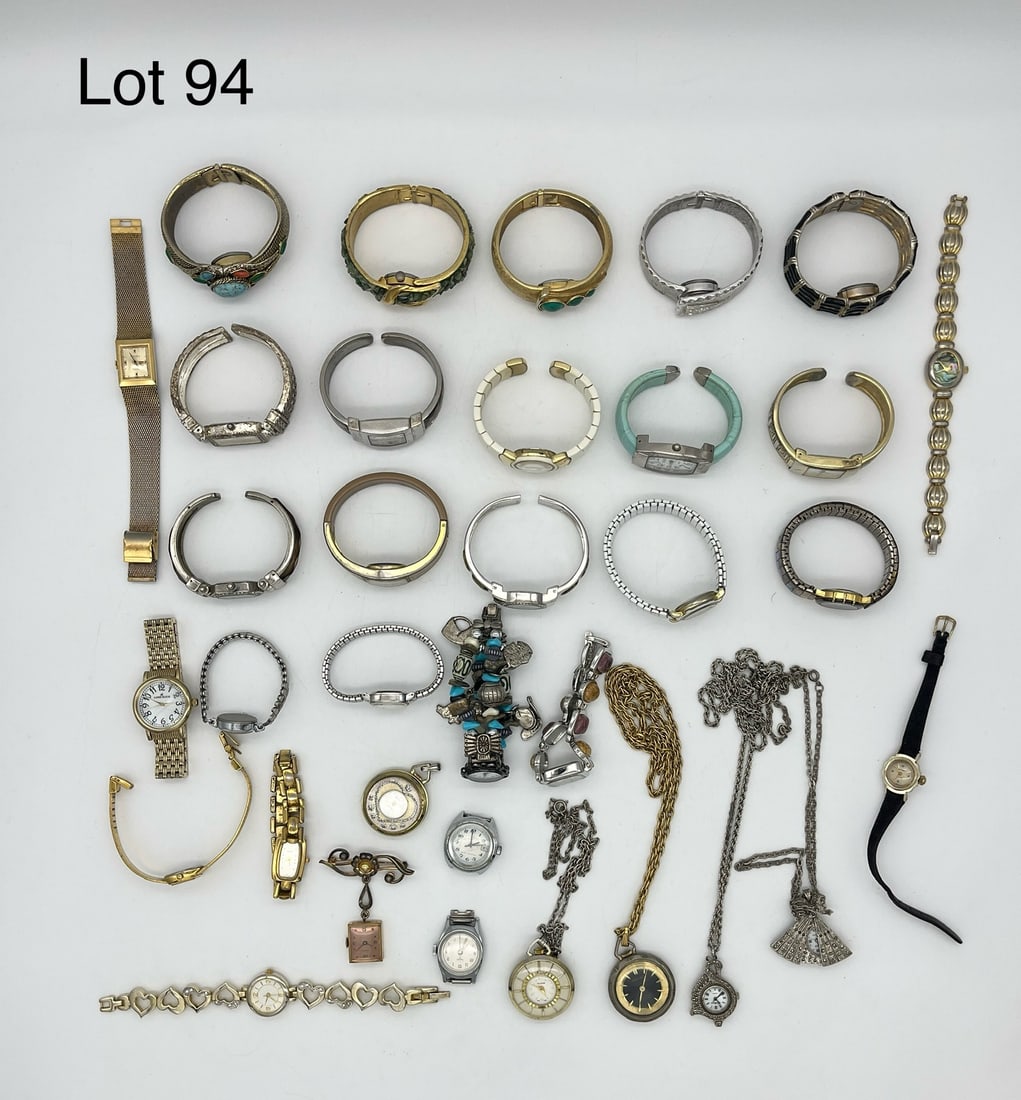 Lot of Watches Featuring Cuffs/Bracelets: A lot of 37 watches with a focus on cuff and bracelet styles. Also shows necklaces and a pin watch. Shows Geneva, Timex, Grunn, Kessaris, and more.