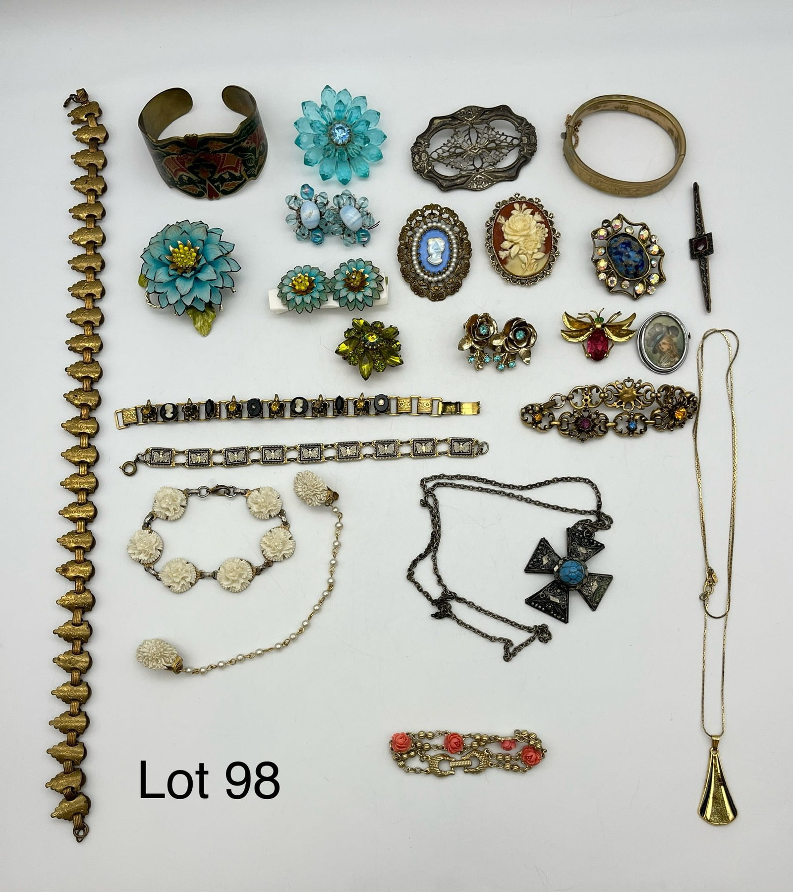 Lot of Vintage Costume Jewelry: A vintage costume jewelry lot with bracelets, necklaces, brooches, earrings, and more. Features many European pieces from France and West Germany, as well as some signed.