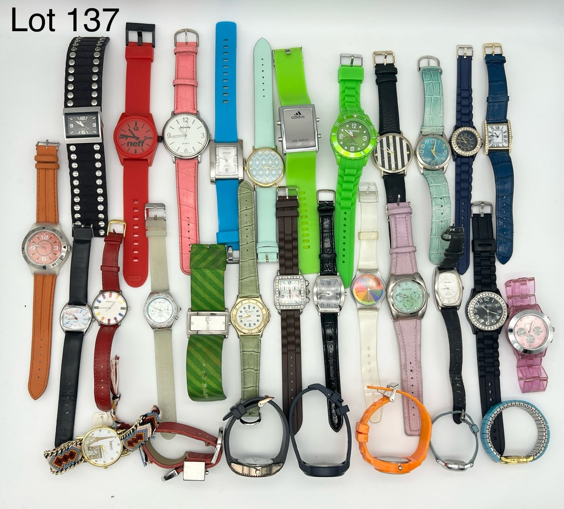 Group of Fashion Wrist Watches: Mixed variety of fashion wrist watches. Includes makers such as Eurotech, Gossip, Pedago, Guess, Geneva and many others.
