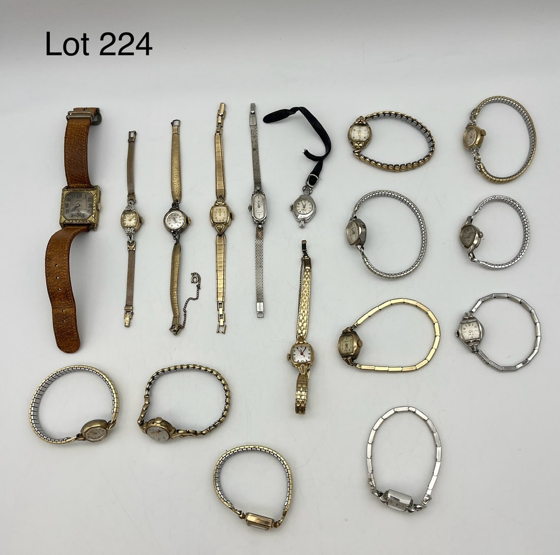 Vintage Watch Lot Including Gold Plated & Gold Filled: A lot of seventeen vintage watches with the majority in 10K rolled gold plate. Also includes three 10K gold filled watches and one 14K gold filled Omega watch. Also includes makers Wittnauer, Bulova,