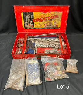 1938 Erector Set by A.C. Gilbert Co.: A 1938 'Sensational, New Erector walking beam engine set, built with No. 7 1/2. Many parts noted, comes in red box measuring 18" x 10". *note - patina/wear with age, box missing left latch