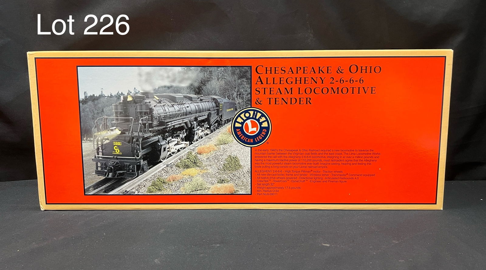 Lionel Trains Chesapeake and Ohio Allegheny 2-6-6-6 Steam Locomotive and Tender: Lionel Trains new in box Chesapeake and Ohio Allegheny 2-6-6-6 steam locomotive and tender (6-28011). Box measures 29" x 7 1/2" x 11 1/2". Comes in original shipping box.