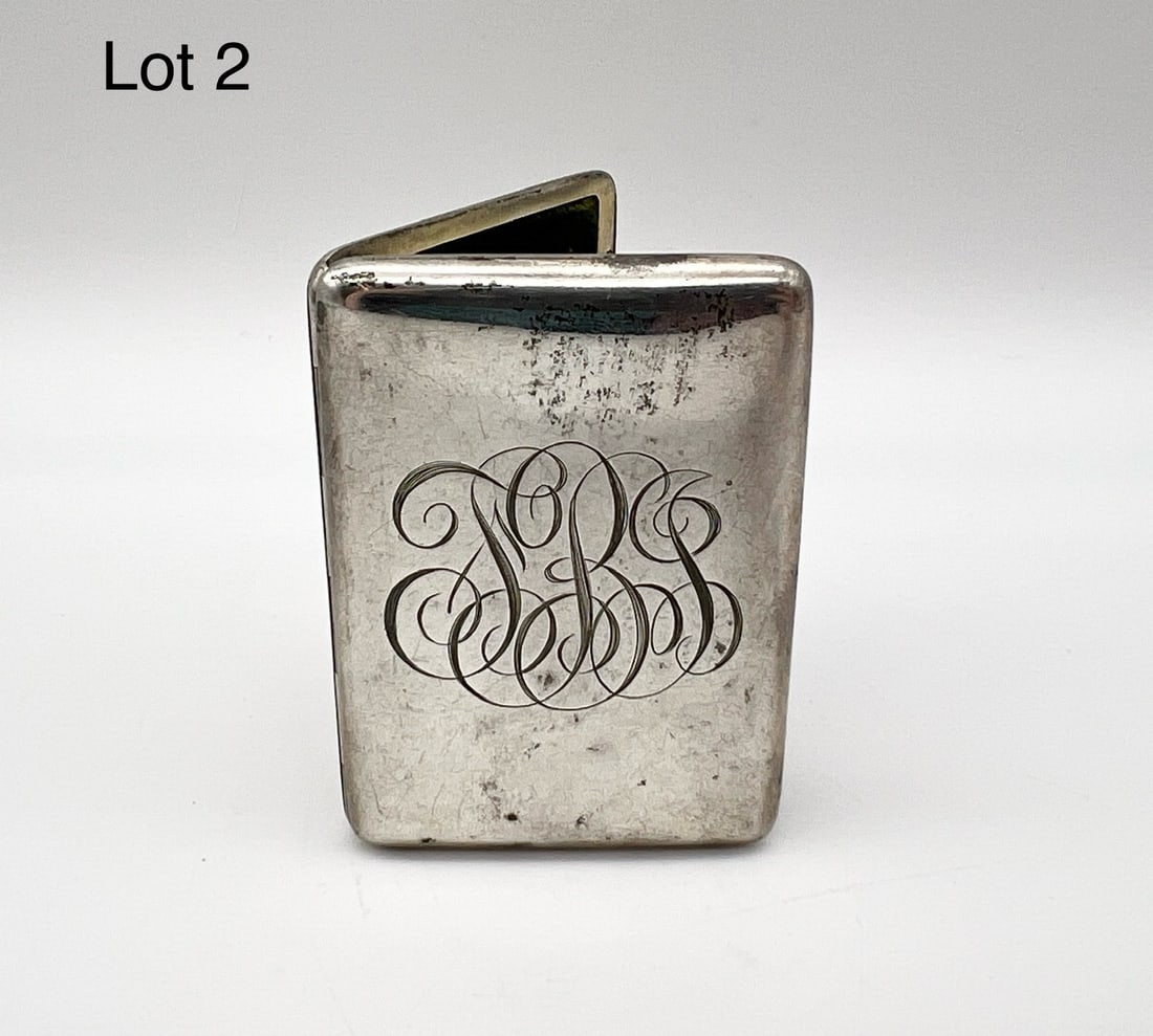 Antique Sterling Silver Pocket Frame: Antique sterling silver pocket frame or portable desk frame with engraved front. Interior has lush dark green velvet lining and is marked "sterling" along the edge. One side features an antique photo