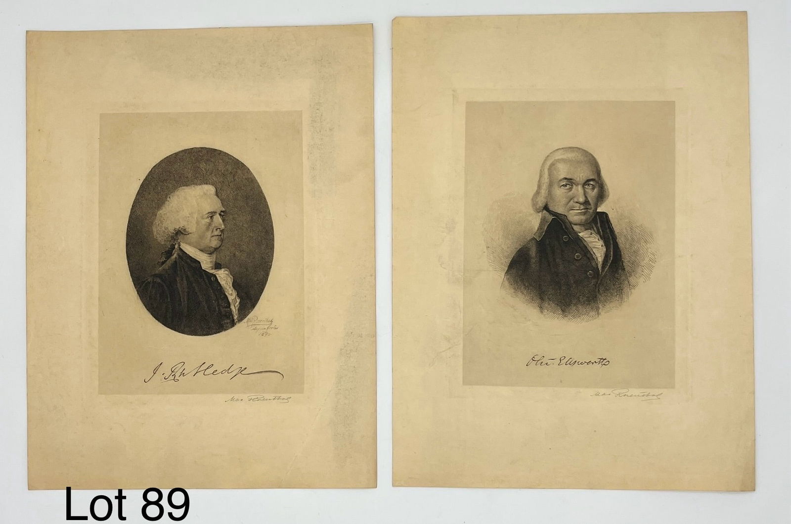 Pair of Antique Etchings of U.S. Founding Fathers by Max Rosenthal (1833-1918): A pair of unframed 19th century etchings by Polish-American artist Max Rosenthal (1833-1918) of U.S. Founding Fathers, including John Rutledge (1739-1800) and Oliver Ellsworth (1745-1807), both also s