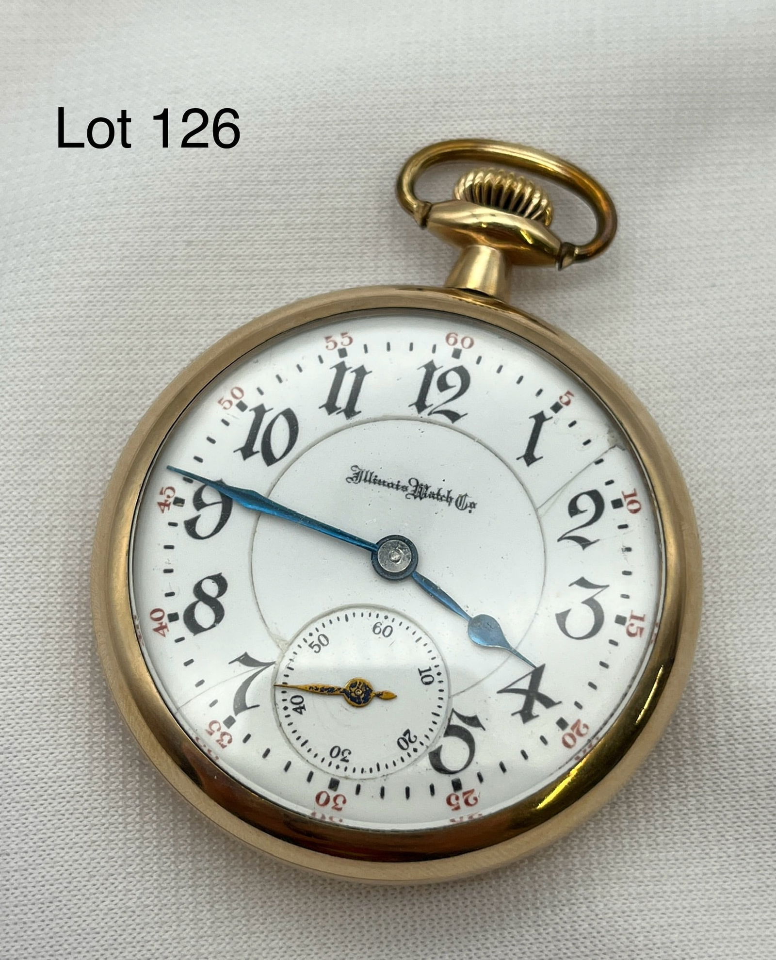 Antique Illinois Watch Co. Sangamo Pocket Watch: An antique Illinois Watch Co. open face pocket watch in gold filled case. 21 ruby jewel Sangamo movement, serial No. 2452489. Very good condition. *note - small crack in face