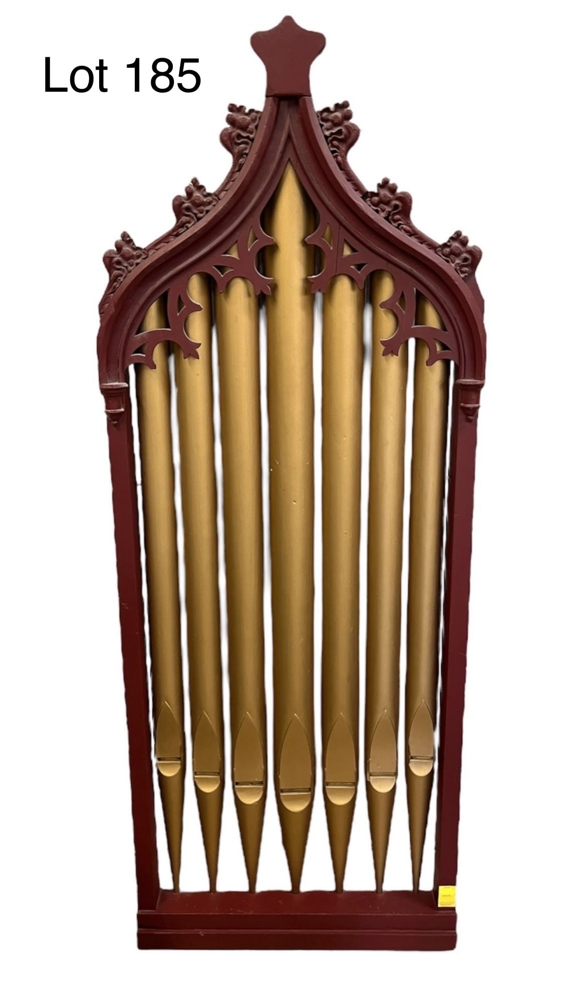 Turn of the Century Framed Organ Pipes: A set of turn of the century organ pipes, likely from a church, set into a beautiful wooden frame. Wooden pipes with gilt paint, pipes numbered on rear. Measures 26 3/4" x 70 1/2" *note - **PICK UP ON