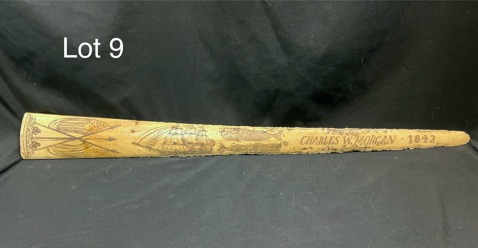 Charles W. Morgan Faux Scrimshaw: A modern scrimshaw with legend "The Ship - Charles W. Morgan - New Bedford" after the same whaling ship which survives still as one of the oldest surviving merchant vessels. Dated 1842, piece is detai