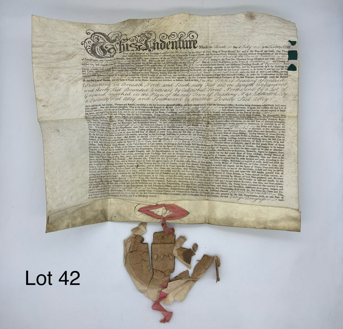1752 Thomas & Richard Penn Land Indenture: A 1752 land indenture between George Douglas and Thomas & Richard Penn, sons of William Penn and founders of the town of Reading. Indenture deals with a piece of land in Reading on Callowhill Street, 