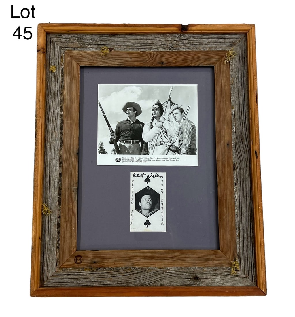 Framed Clint Walker Autograph and Lobby Card With COA: Lobby card and autographed photo of American actor, Clint Walker (1927-2018), best known for his role in Cheyenne TV series. Lobby card is from the Warner Bros. production of "Yellowstone Kelly" and s