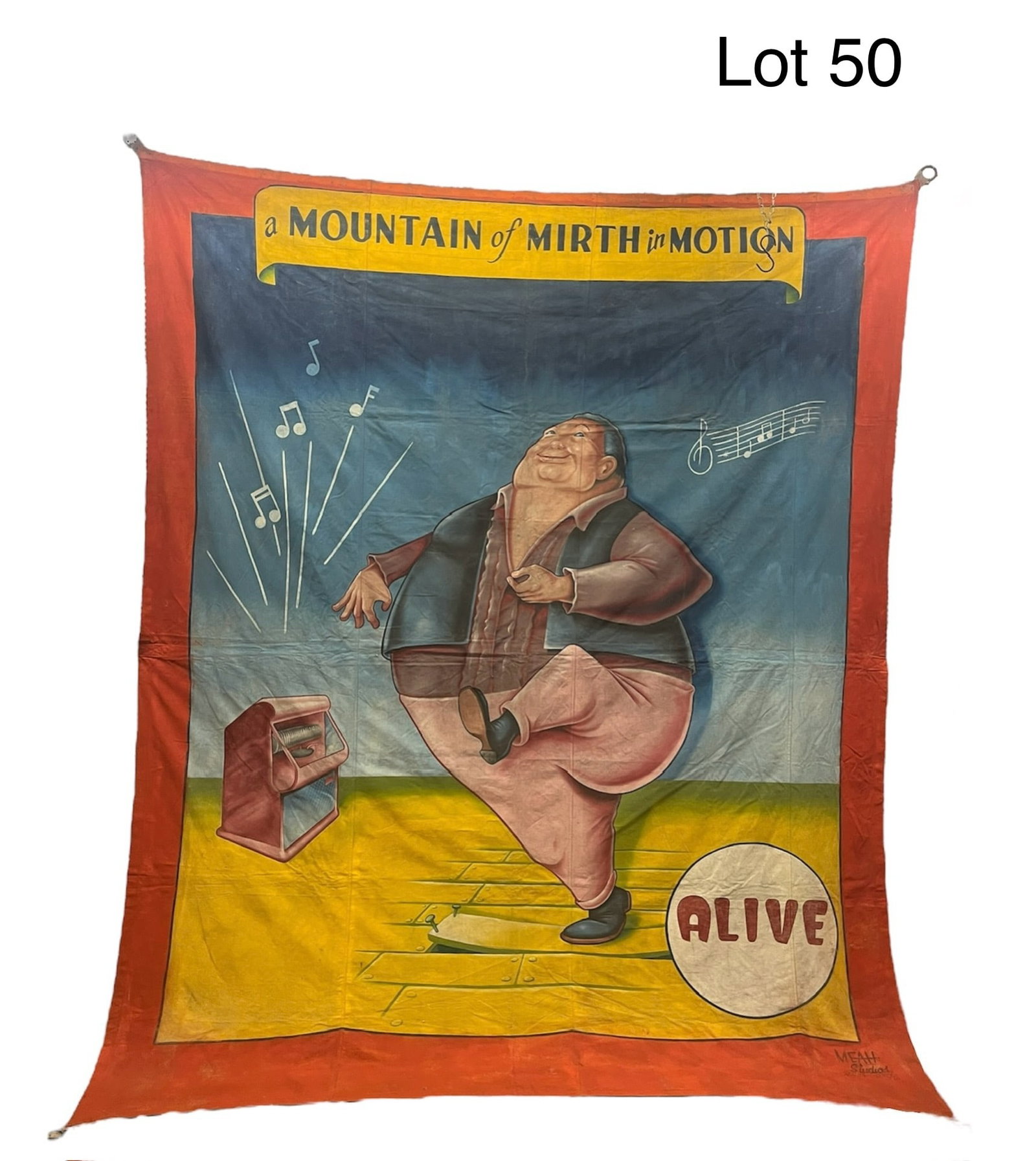 Johnny Meah 'A Mountain of Mirth in Motion' Circus Sideshow Banner: A large-size circus sideshow banner of 'A Mountain of Mirth in Motion' by Johnny Meah (b. 1937), featuring a jolly man dancing to a jukebox and bending floorboards. Bottom right corner marked from Mea