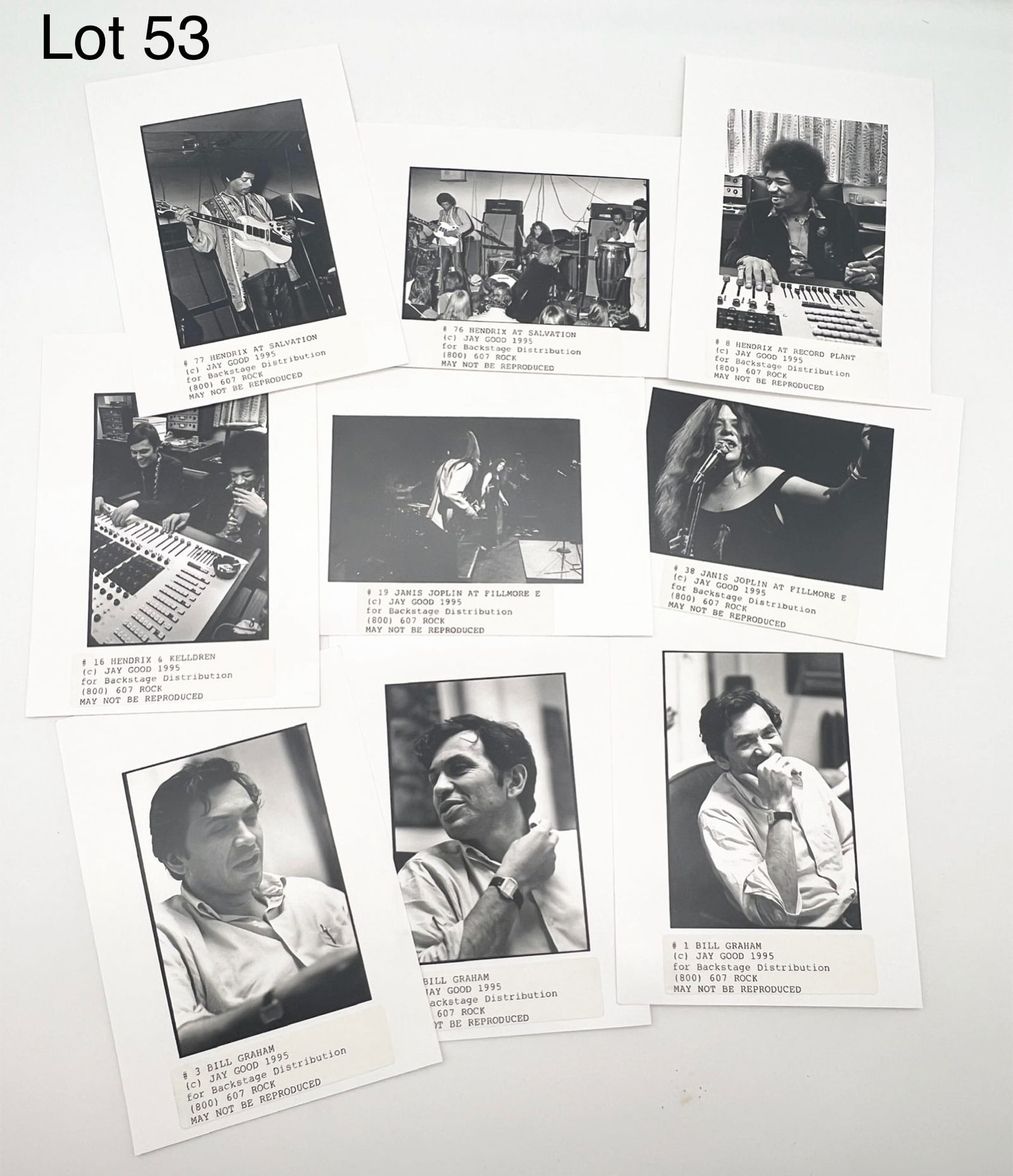 Collection of Unpublished Photographs of Jimi Hendrix, Janis Joplin and Bill Graham by Photographer: Lot of 9 unpublished photographs by photographer, Jay Good (1944-2003). Includes photos of Jimi Hendrix at Record Plant and Salvation, Janis Joplin at the Fillmore and Bill Graham.