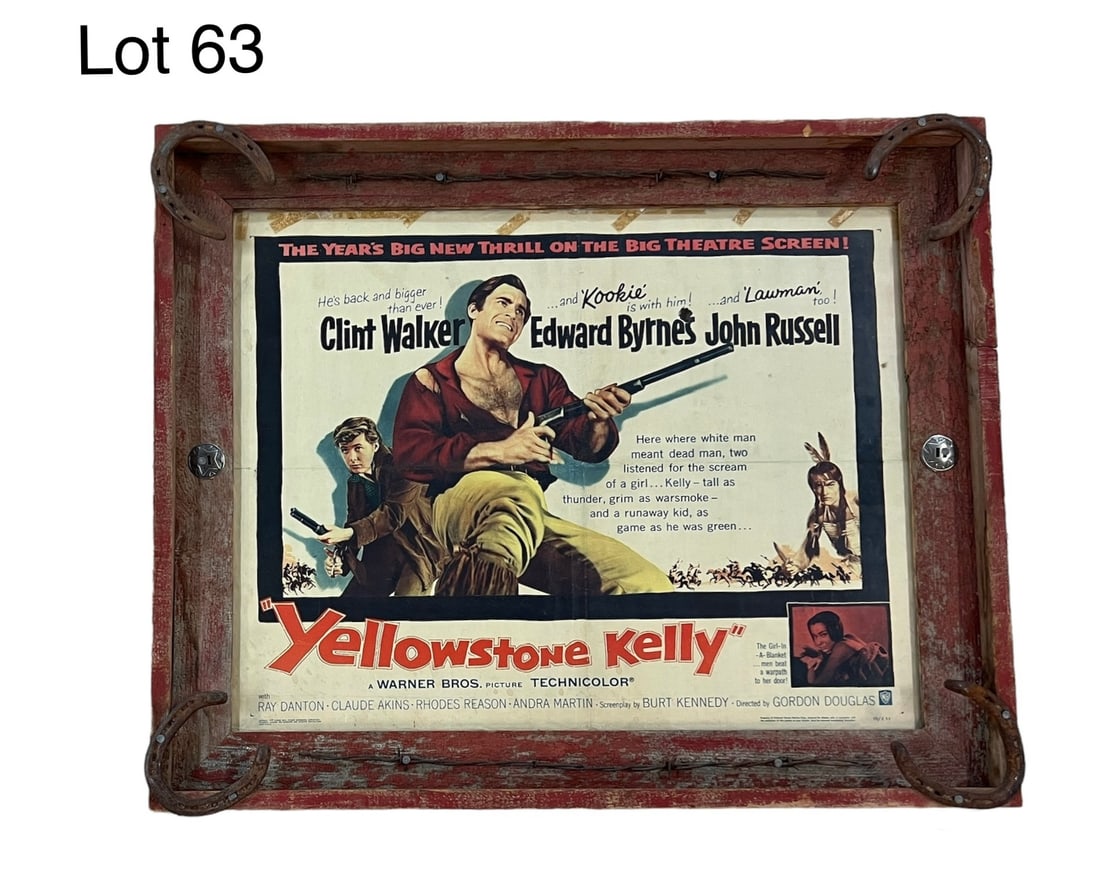 1959 Movie Poster For "Yellowstone Kelly" Starring Clint Walker: Framed movie poster for the 1959 Warner Bros. film, "Yellowstone Kelly" starring American actors, Clint Walker, Edward Byrnes, John Russell and Andra Martin. Poster is numbered 59/253 and is presented