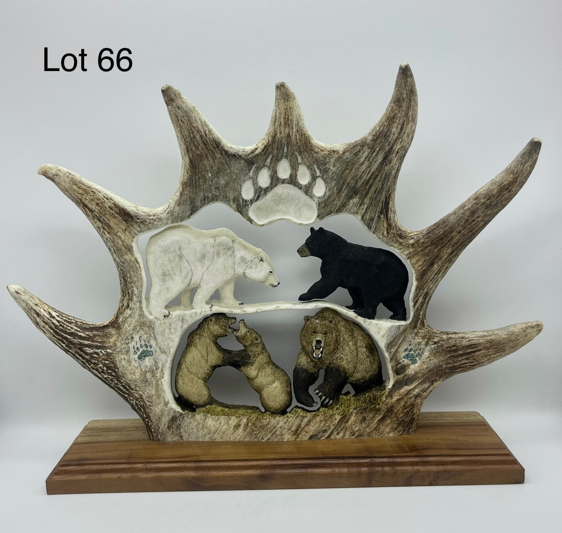Carved Moose Antler Bear Display: A well-crafted moose antler carving showing a variety of North American bear species including black bears, grizzlies, and polar bears. Bear tracks inlaid with turquoise, all on wooden display base. M