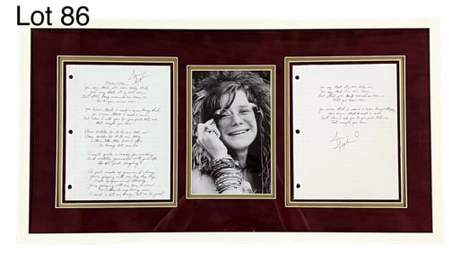 Framed Signed Janis Joplin Song Lyrics For "Move Over" With Photo and COA